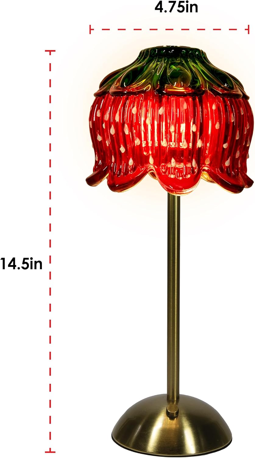 Strawberry Shortcake Touch Lamp- Red Glass Strawberry Shade, USB-C Rechargeable, 3 Dimmable Light Temperatures, LED Desk Lamp, Brush Brass Base & Pole, Cute Décor for Girls' Bedroom, Housewarming Gift