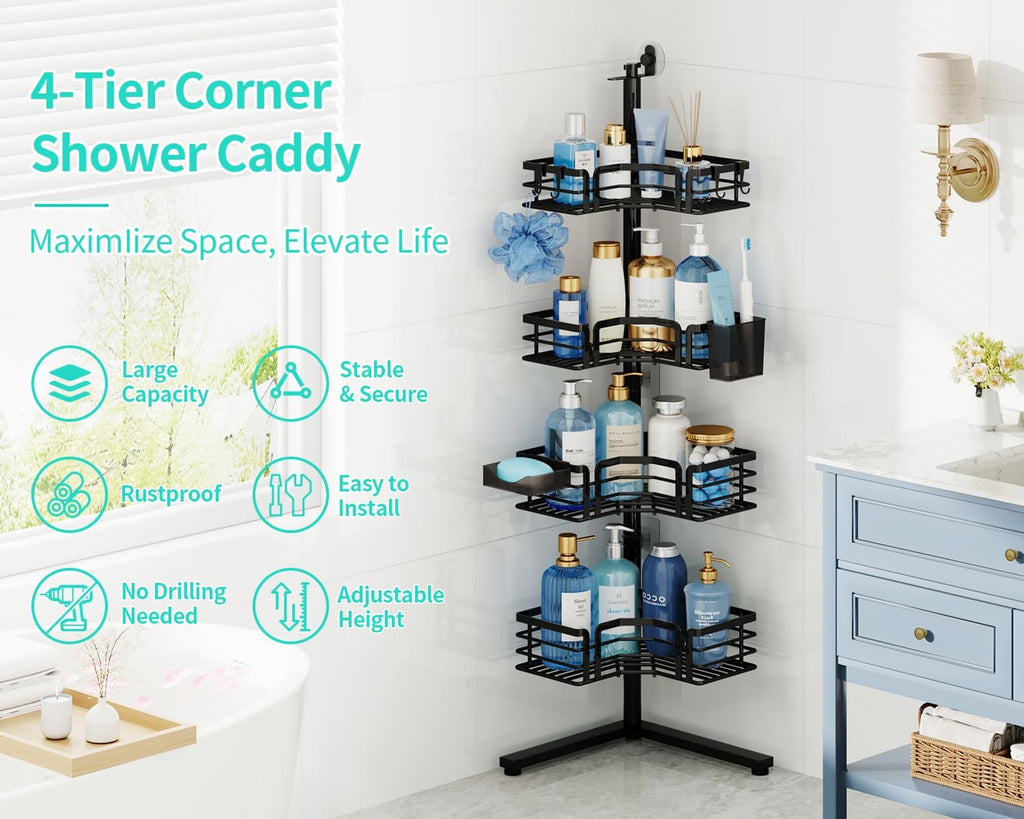 HapiRm Corner Shower Caddy Stand - 4-Tier Adjustable Shower Shelves, Black
