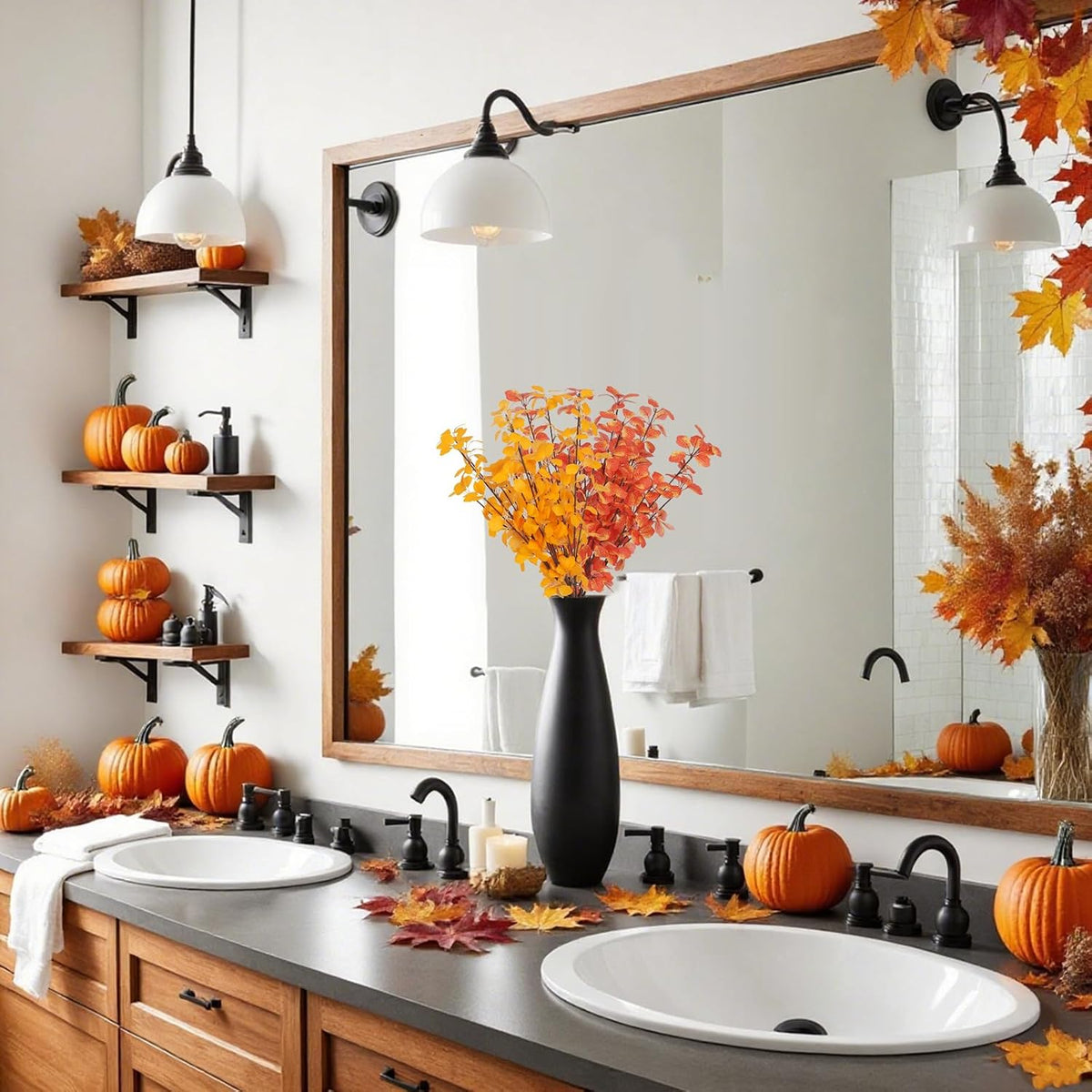 12Pcs 2Kinds 22''Fall Artificial Branches Faux Autumn Stems Fall Plant Branches Ficus Twig Leaves Fall Eucalyptus Branches for Autumn Thanksgiving Home Office Wedding Vase Fillers DIY Craft Decors