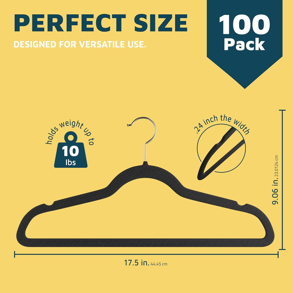 Lifemaster Velvet Non-Slip Plastic Hanger Set - 100 Pieces Non-Slip Clothes Hanger Set with 360° Swivel Hook, Space-Saving, Sleek Design, Smooth Velvet Finish, Lightweight Construction - Black