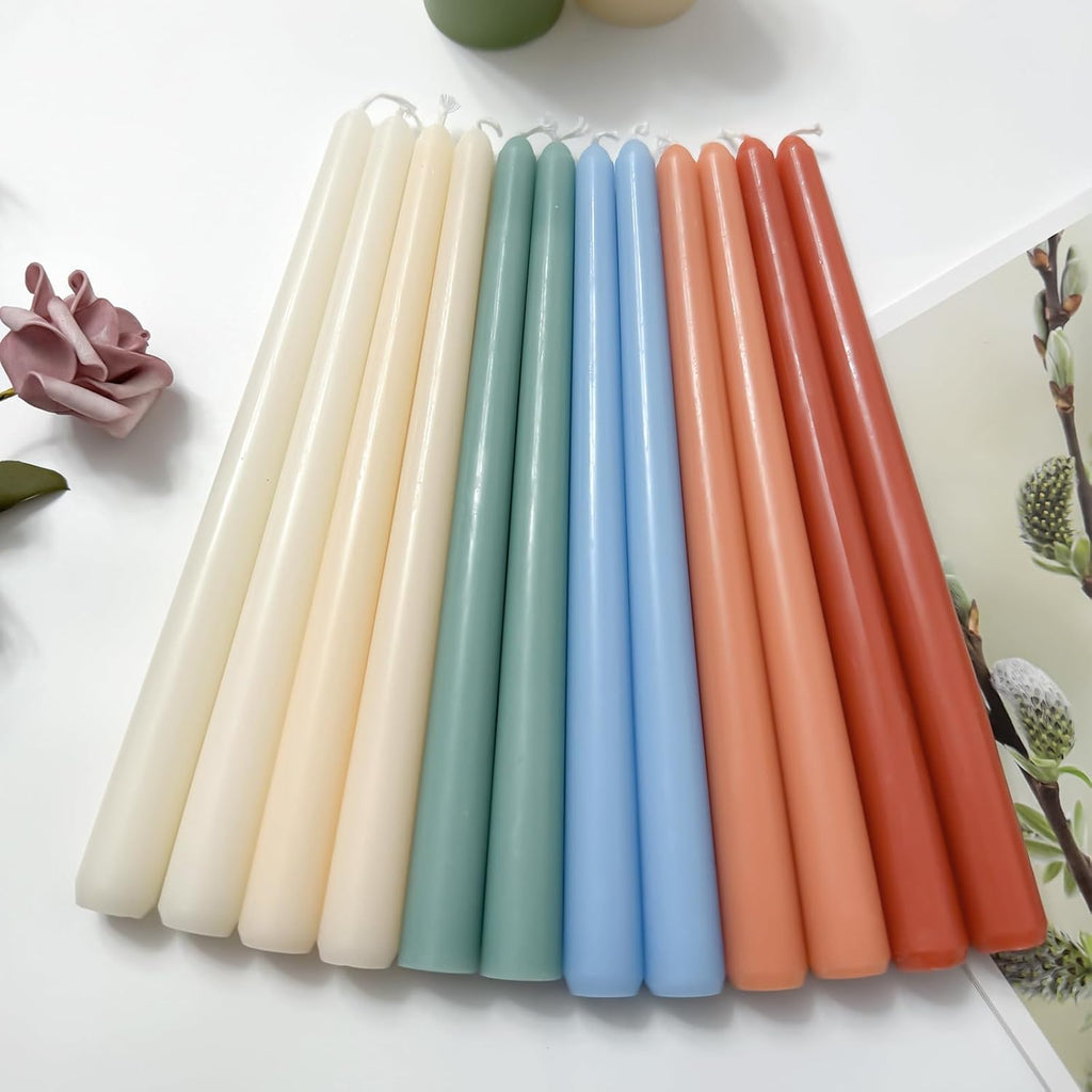 12 Pack 10 inch Assorted Color Taper Candle Set for Holiday Dinner Party, Unscented Long Candlesticks, Dripless and Smokeless, 7-8 Hours Burn
