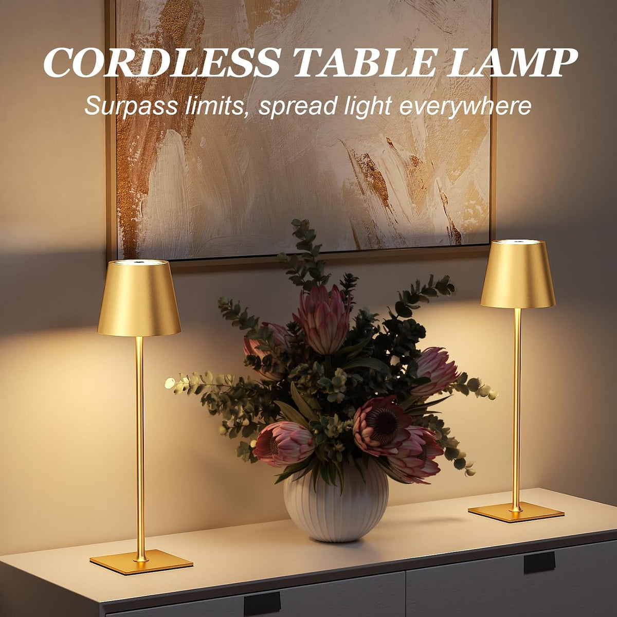 Kakanuo Gold Cordless Rechargeable Table Lamp 5000mAh Battery Operated Lamps, 3 Colors Stepless Dimming Touch Lamp for Living Room, Kitchen Counter, Dining, Outdoor Patio, 2 Pack