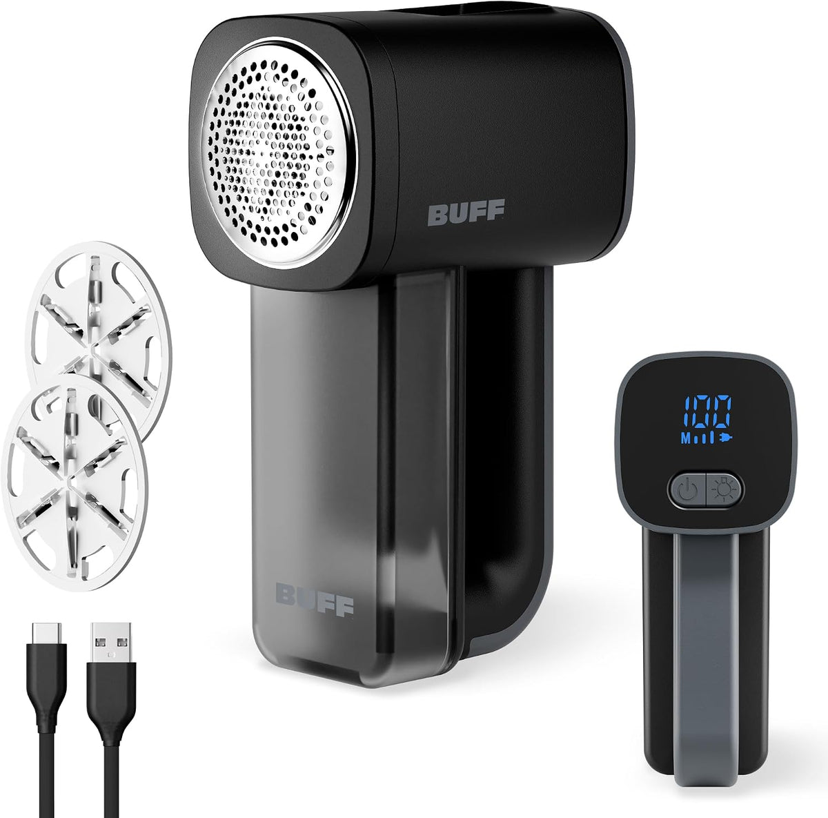 BUFF Fabric Shaver + Lint Remover, Sweater Defuzzer with 3 Motor Speeds, Remove Pills from Blankets, Couch, Clothing, Furniture, Stainless Steel Blade, USB-C Rechargeable – Black