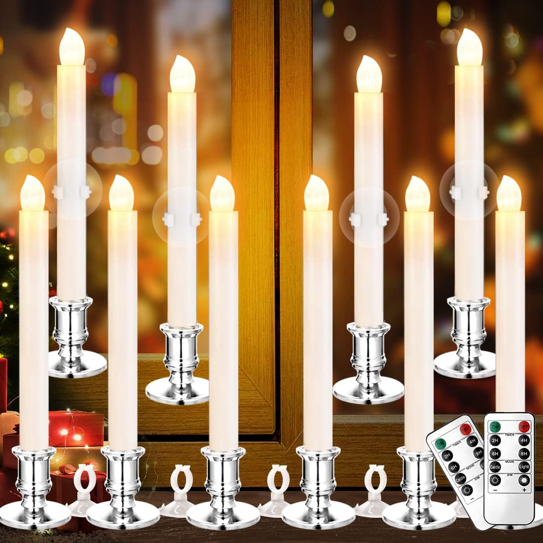 YAUNGEL Window Candles, 10 Pack LED Battery Operated Christmas Candles for Windows with Remote Electric Candle Lights with Removable Candle Holders Suction Cups for Christmas Decorations, Silver