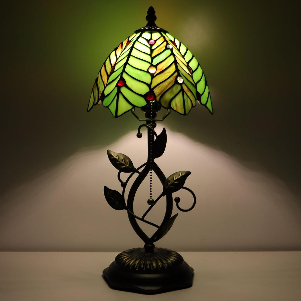Tiffany Style Stained Glass Table Lamp Green Coconut Leaves 18 Inch