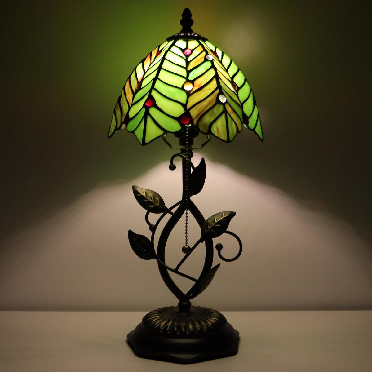 Tiffany Style Stained Glass Table Lamp Green Coconut Leaves 18 Inch