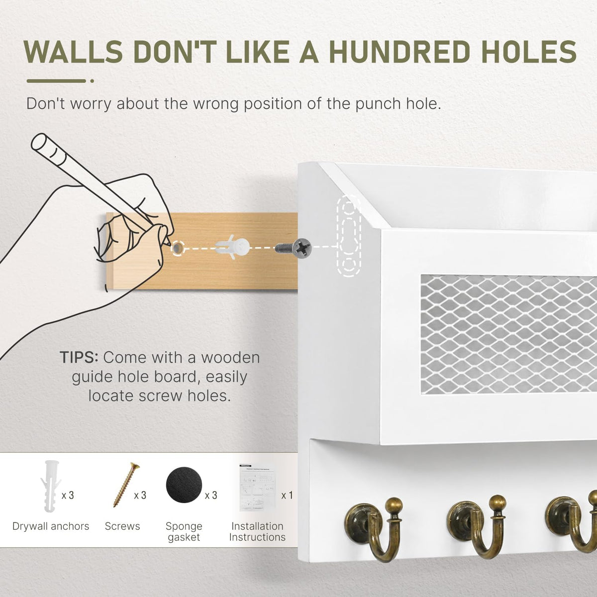 FifthQuarter Key Hanger Wall Mount with Drawer and 6 Sturdy Hooks, B-White