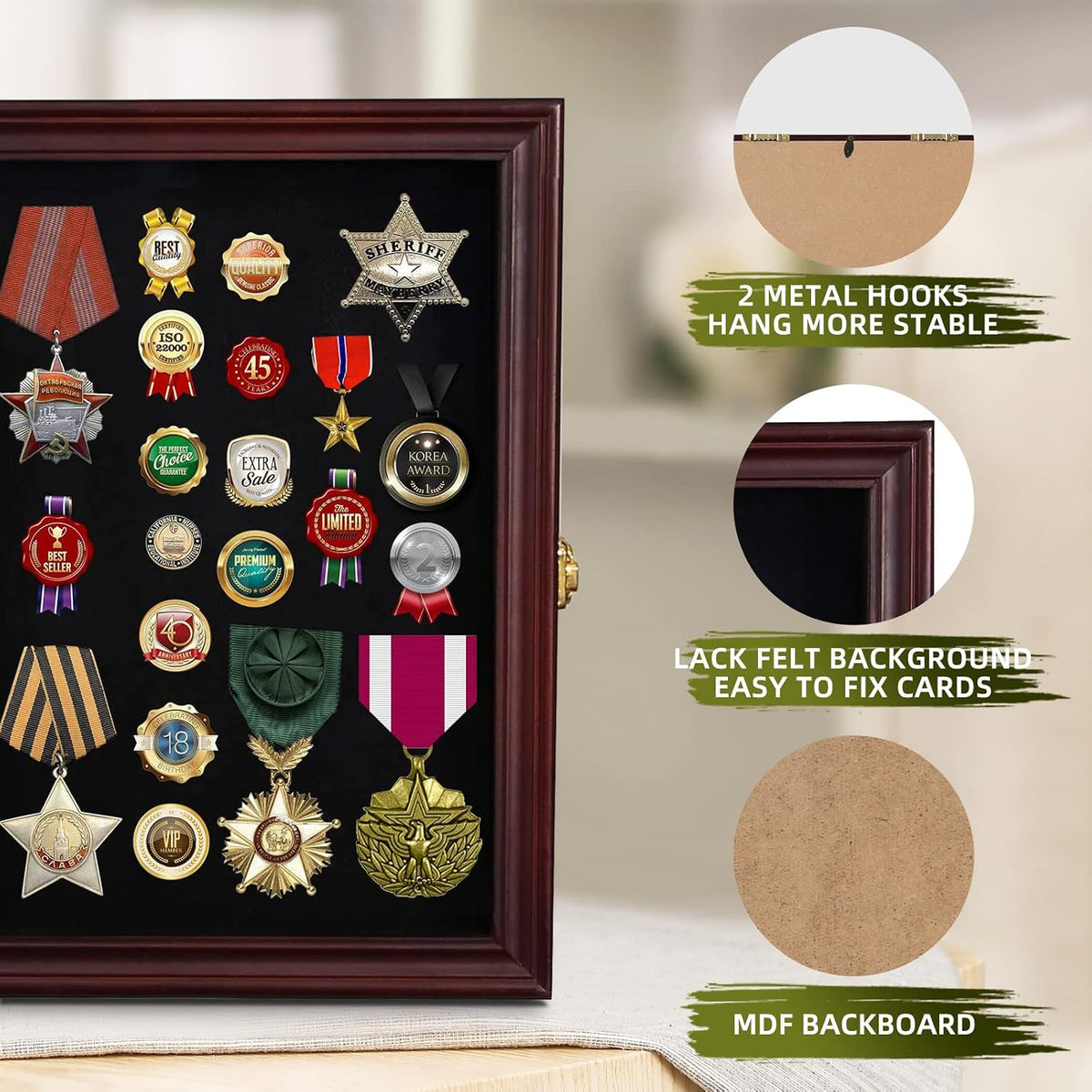 Pin Display Case 11x15, Lockable Shadow Box for Medals, Red Finish