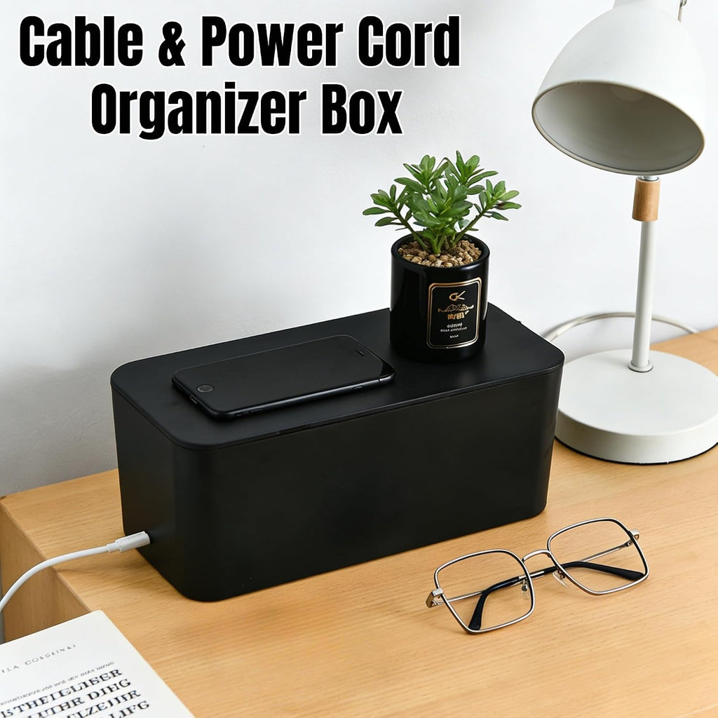 1 Large + 1 Small Cable Management Box Set – 2-Piece Cord Organizer Box, Home Office Desk Wire Storage & Cable Management Solution (Acryliclid lid/Black)