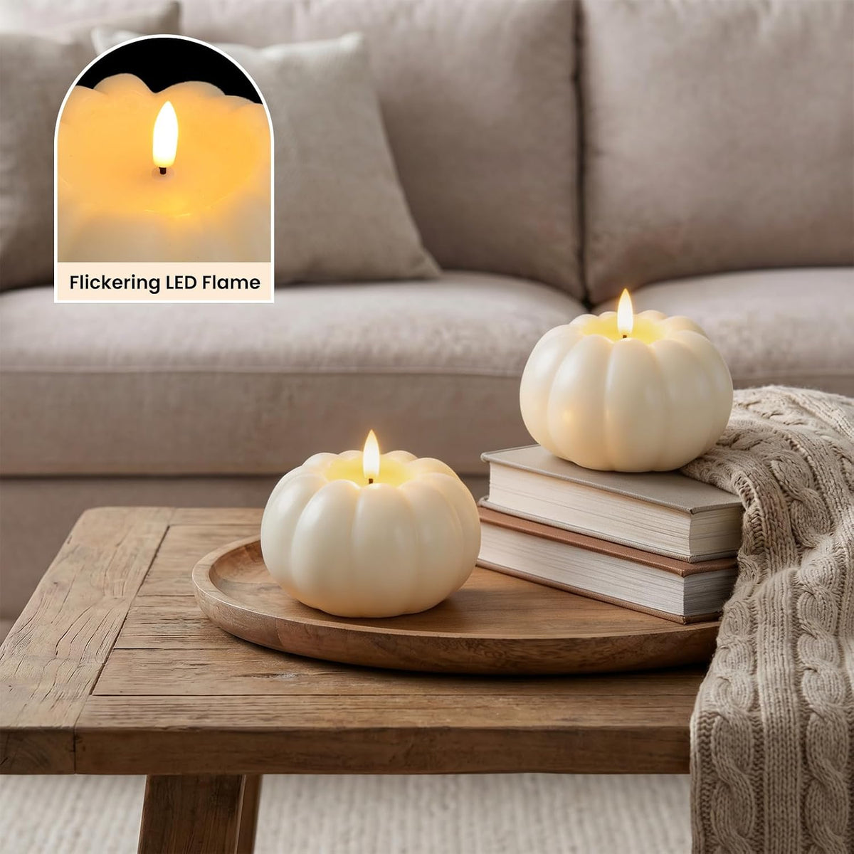Fall Decor, Fall Decorations for Home, Flameless Pumpkin Candle, White, 1Pc