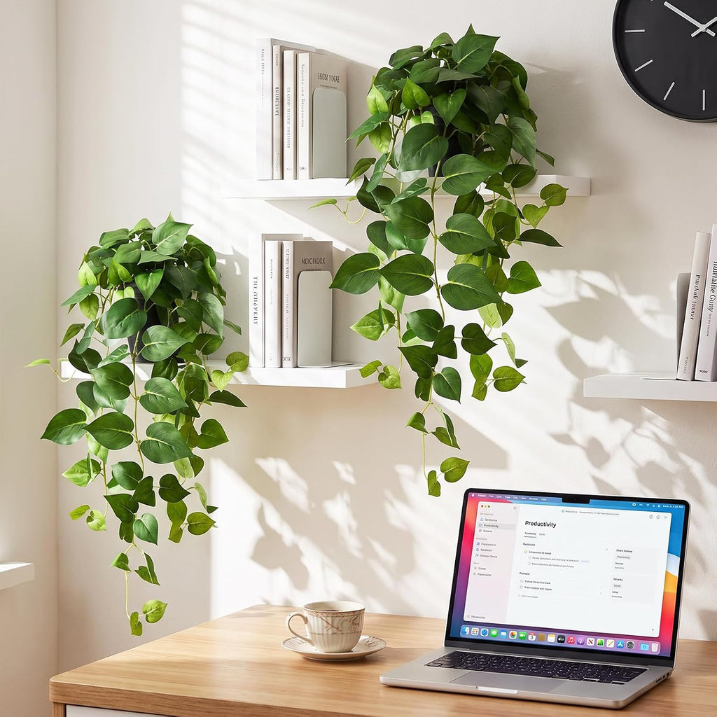 CEWOR Fake Plants Indoor 2 Packs 33" Fake Pothos Hanging Plants with Plastic Pot for Home Office Indoor Decor (Green)