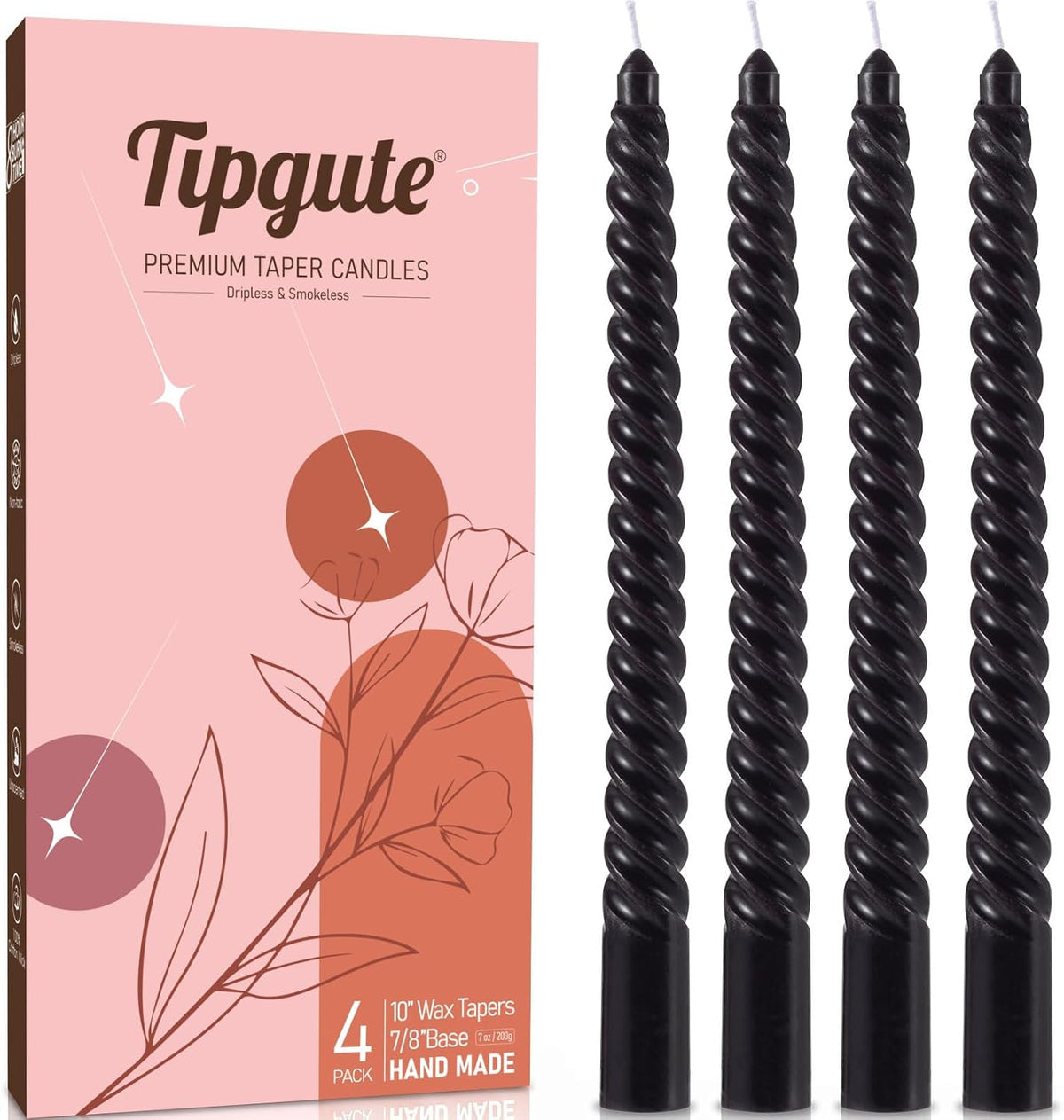 Black Spiral Taper Candles 4 Pack 7/8 X 10 Inch Smokeless Unscented Long Tall Twisted Candlesticks for Halloween Party Home Decor Dinner Table Wedding Christmas Candle Sticks