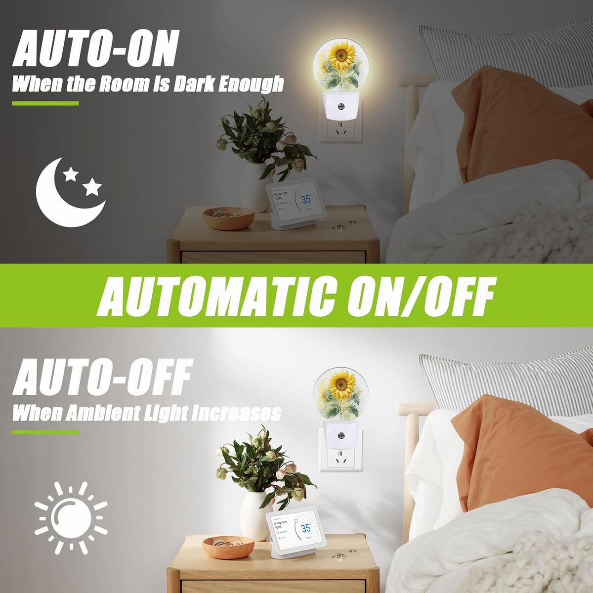 Watercolor Sunflower Night Light,Sunflower Green Leaf Plug-in Night Lights with Dusk-to-Dawn Sensor for Bedroom Bathroom and Living Room Sleep Friendly lamp