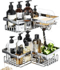 SWTYMIKI Shower Caddy Corner with Soap Holder, 2-Tier Stainless Steel Corner Shower Organizer with 11 Hooks, No Drilling & 6 Strong Adhesives Bathroom Shelf Organizer, Silver - 2 Tier