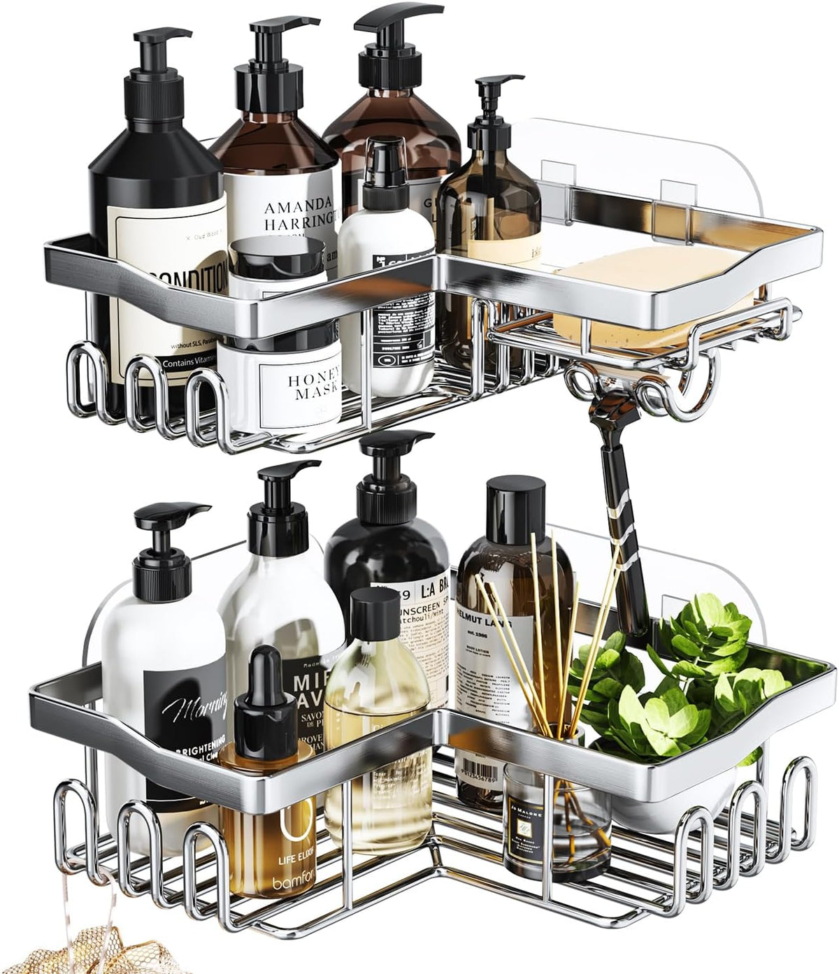 SWTYMIKI Shower Caddy Corner with Soap Holder, 2-Tier Stainless Steel Corner Shower Organizer with 11 Hooks, No Drilling & 6 Strong Adhesives Bathroom Shelf Organizer, Silver - 2 Tier