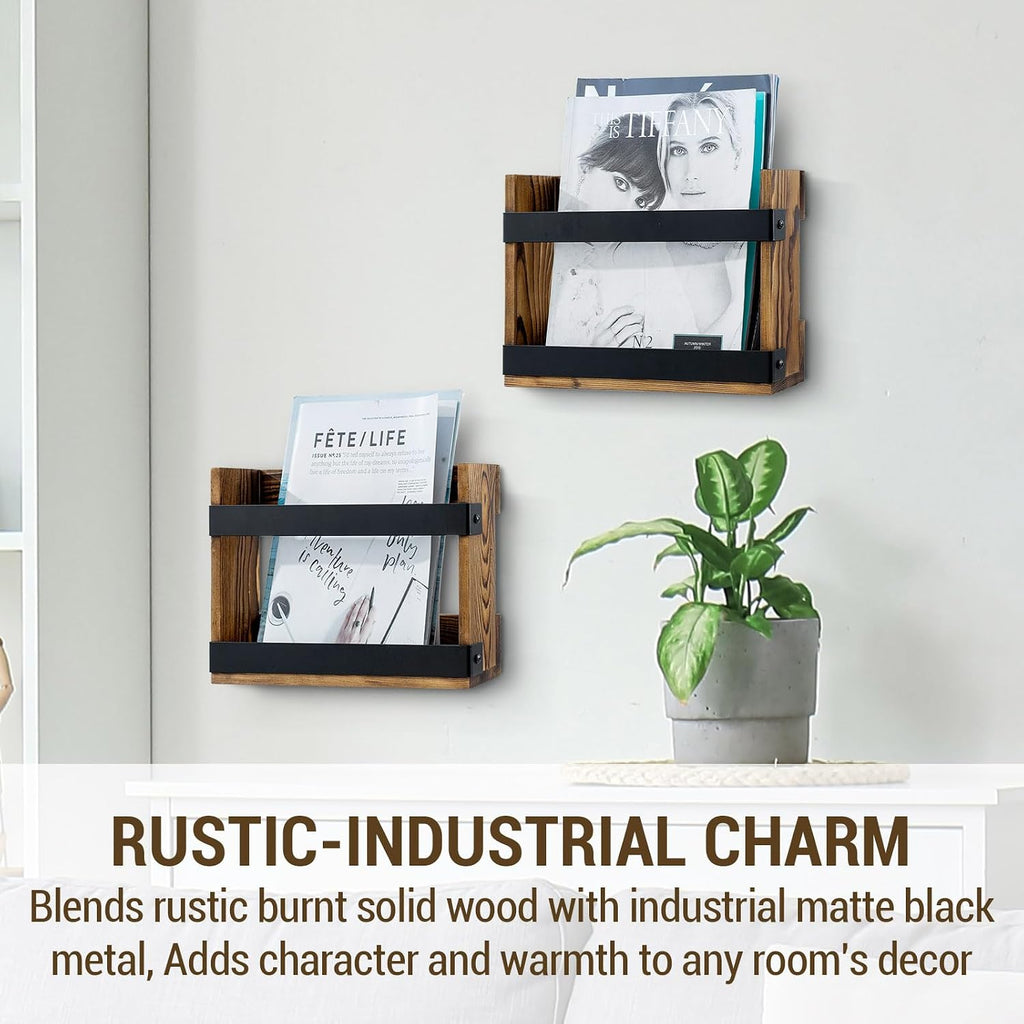 MyGift Wall-Mount Magazine Racks, Burnt Wood & Black Metal, Set of 2