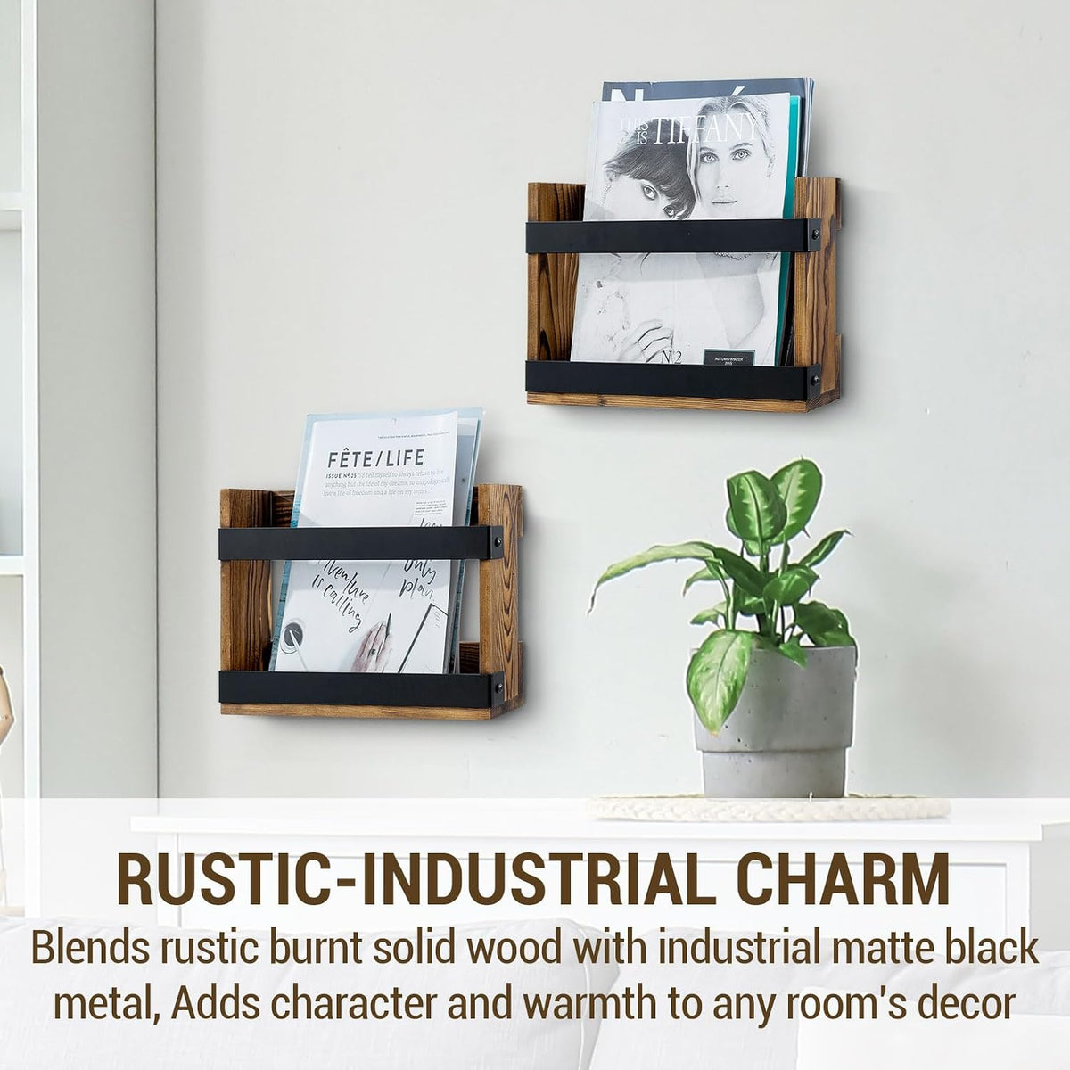 MyGift Wall-Mount Magazine Racks, Burnt Wood & Black Metal, Set of 2