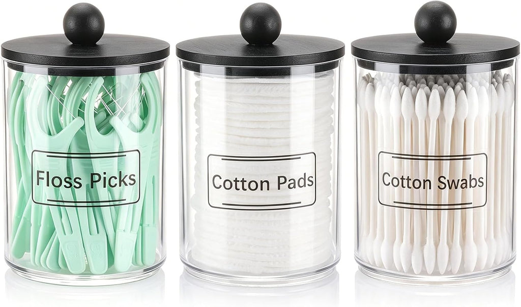 Tbestmax 3 Pack Qtip Holder, Clear Bathroom Containers Dispenser for Storage Cotton Ball, Cotton Swab 10oz Plastic Bathroom Jars with Wood Lids - Black