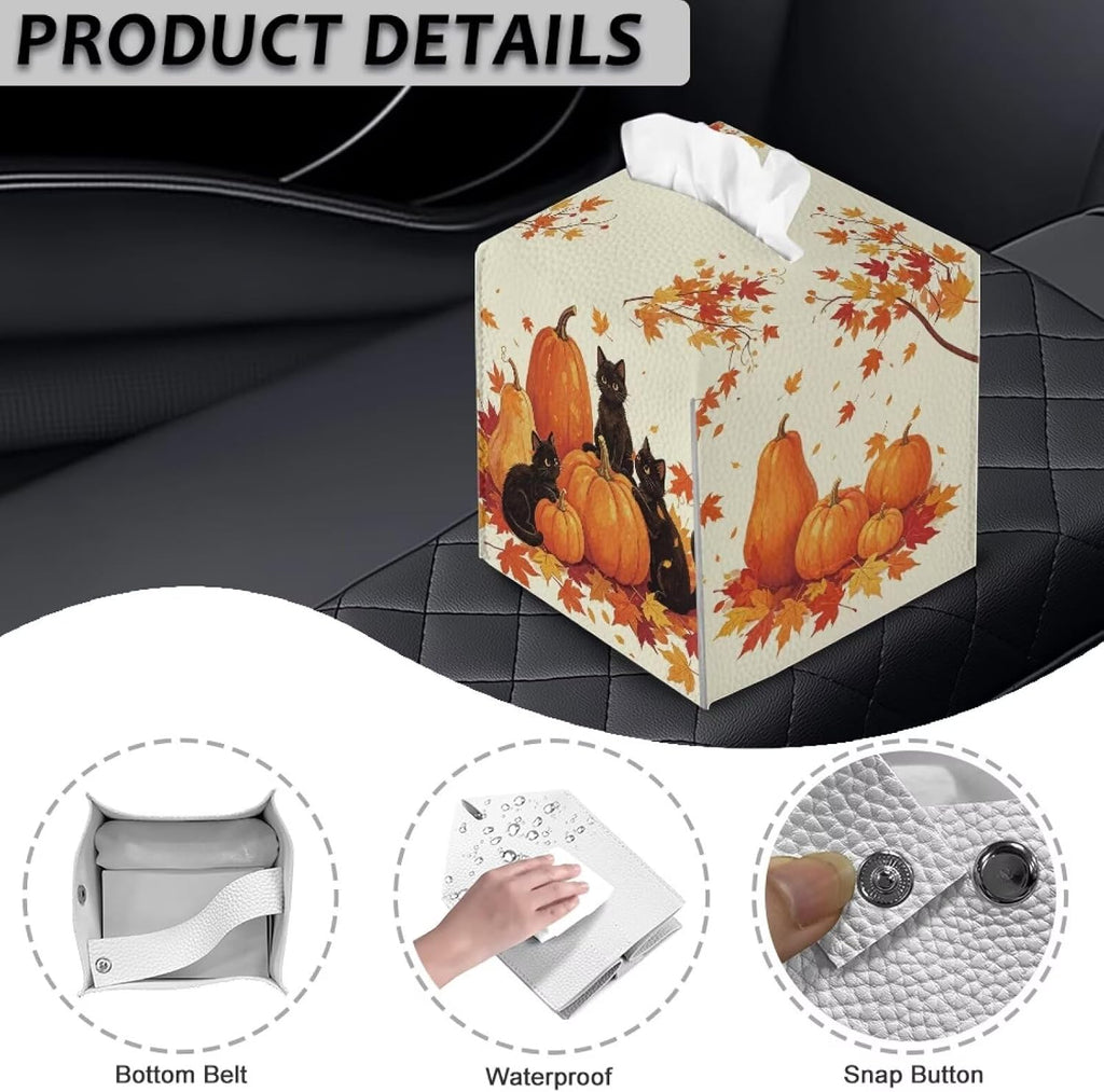 Pumpkin Black Cat Tissue Box Cover PU Leather Square Tissue Holder