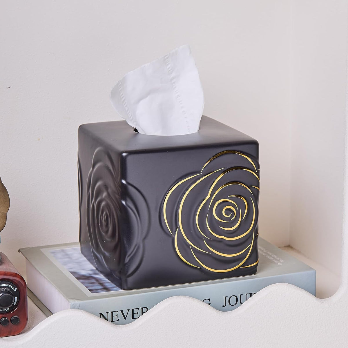 Black Ceramic Cube Tissue Box Cover with Gold Rose – Large Elegant Rose Floral Square Decorative Tissue Box Holder for Bathroom, Bedroom, Office Desk, Kitchen Counter – Perfect Housewarming Gift