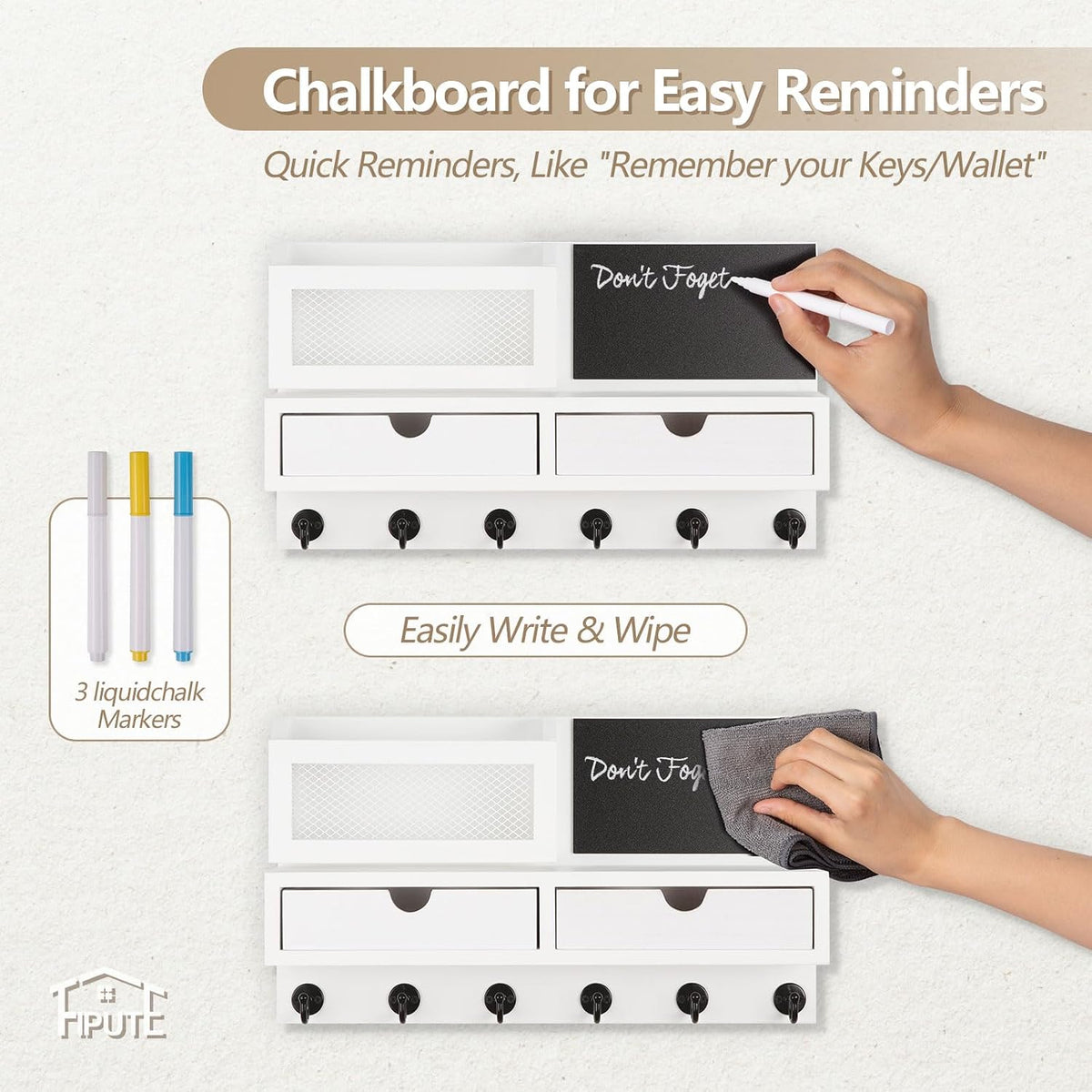 Key Holder for Wall, Key and Mail Holder for Wall with Storage Drawer, Entryway Rustic Home Decor, 3 Liquid Chalks & Chalkboard, 15.98”W x 9.1”H x 3.3”D, White