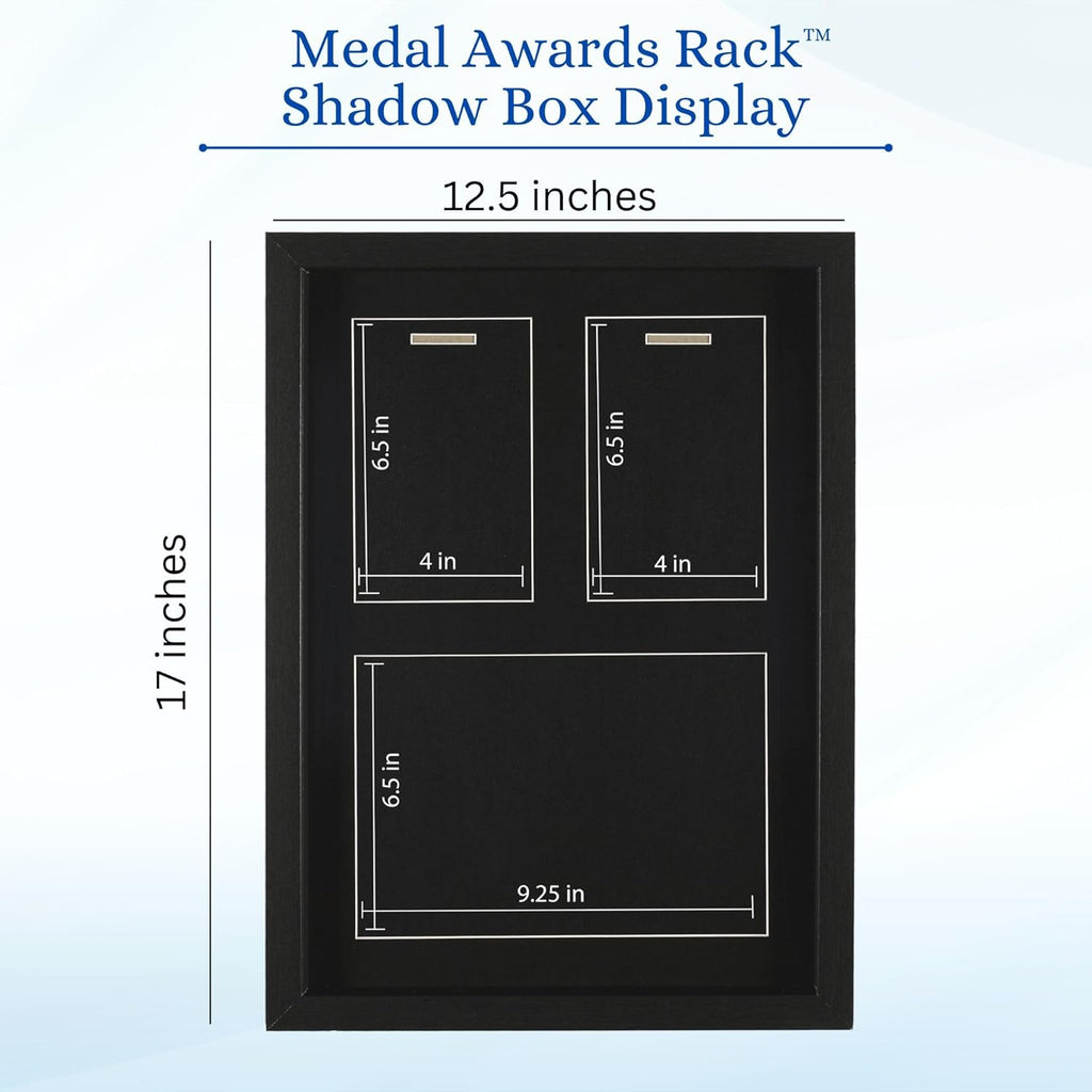 3-in-1 Shadow Box Display with Real Glass (Medal, Race Bibs, and Photo Display) – Marathon Medal Display and Frame, Triathlon & Running Bib Holder, Wall-Mounted, Real Tempered Glass- Walnut
