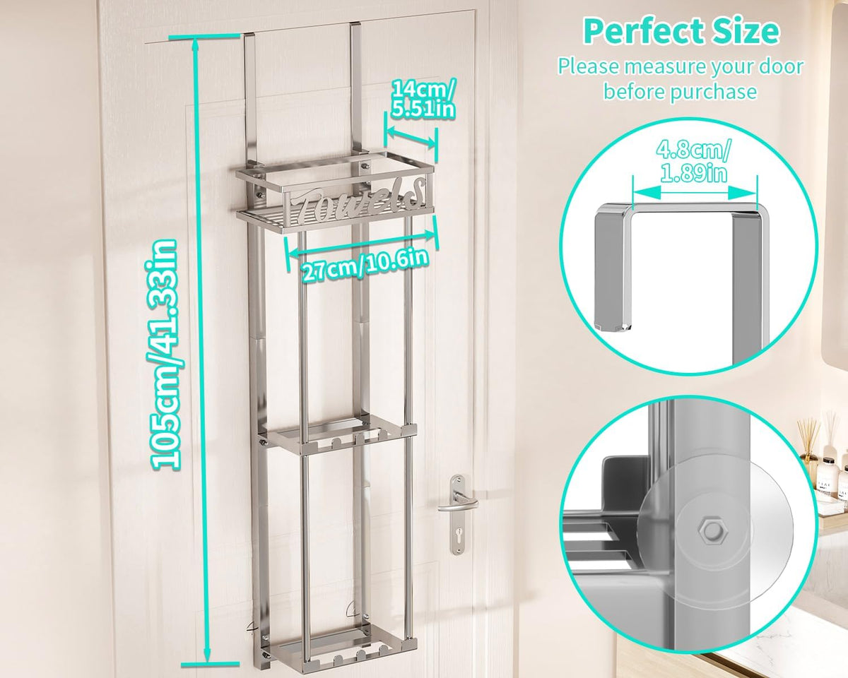 HapiRm Towel Rack Bathroom Storage - 3 Tier Over The Door & Wall Mounted Rolled Towel Racks Holder Organizer with Metal Shelf and 6 Hooks for Small Bathroom, Camper, Rv - Sliver