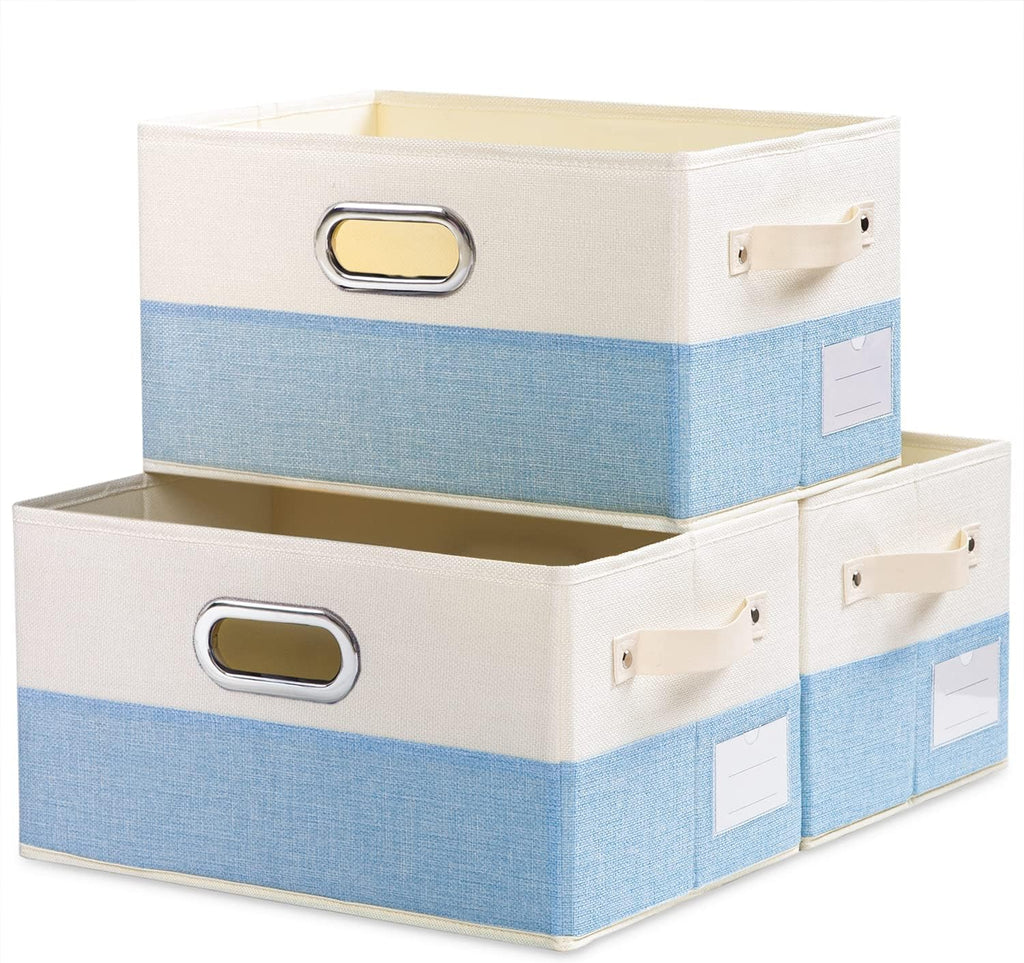 PRANDOM Large Fodable Storage Baskets for Closet [3-pack] Decorative Fabric Storage Bins Cubes with Leather/Metal Handles for Shelves Bedroom Living Room Blue&Cream (14.9x9.8x8.3 Inch)