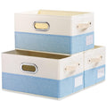 PRANDOM Large Fodable Storage Baskets for Closet [3-pack] Decorative Fabric Storage Bins Cubes with Leather/Metal Handles for Shelves Bedroom Living Room Blue&Cream (14.9x9.8x8.3 Inch)