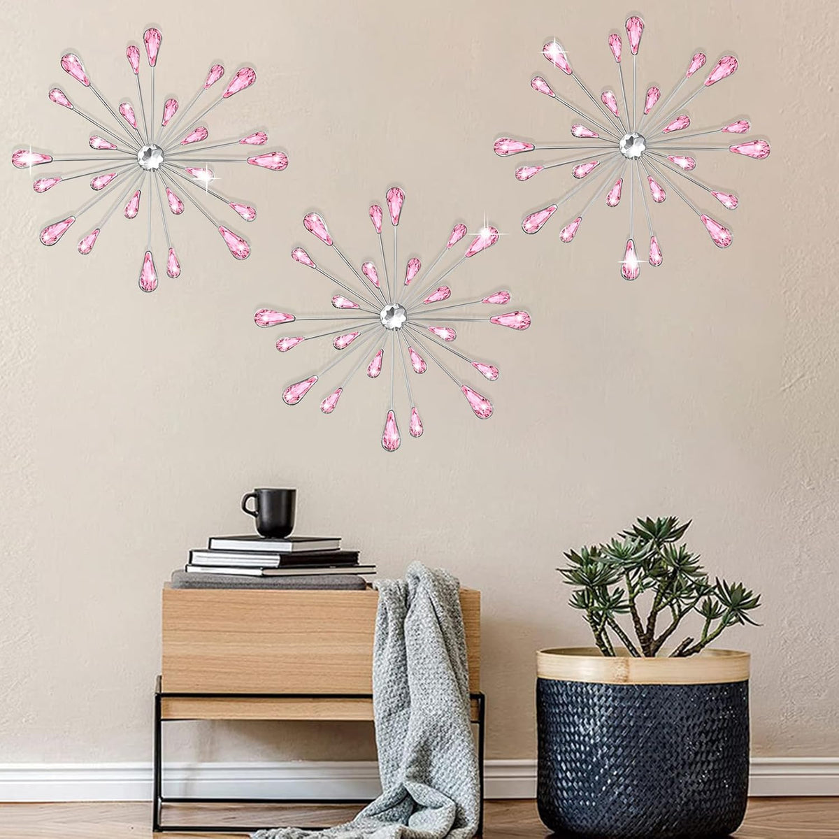 SIYIKRYP Set of 3 Pink Crystal Starburst Wall Decor, 11.8 Inch Modern Metal Sparkling Teardrop Diamond Wall Art, Glam Bling Hanging for Living Room Bedroom Bathroom Home Decor