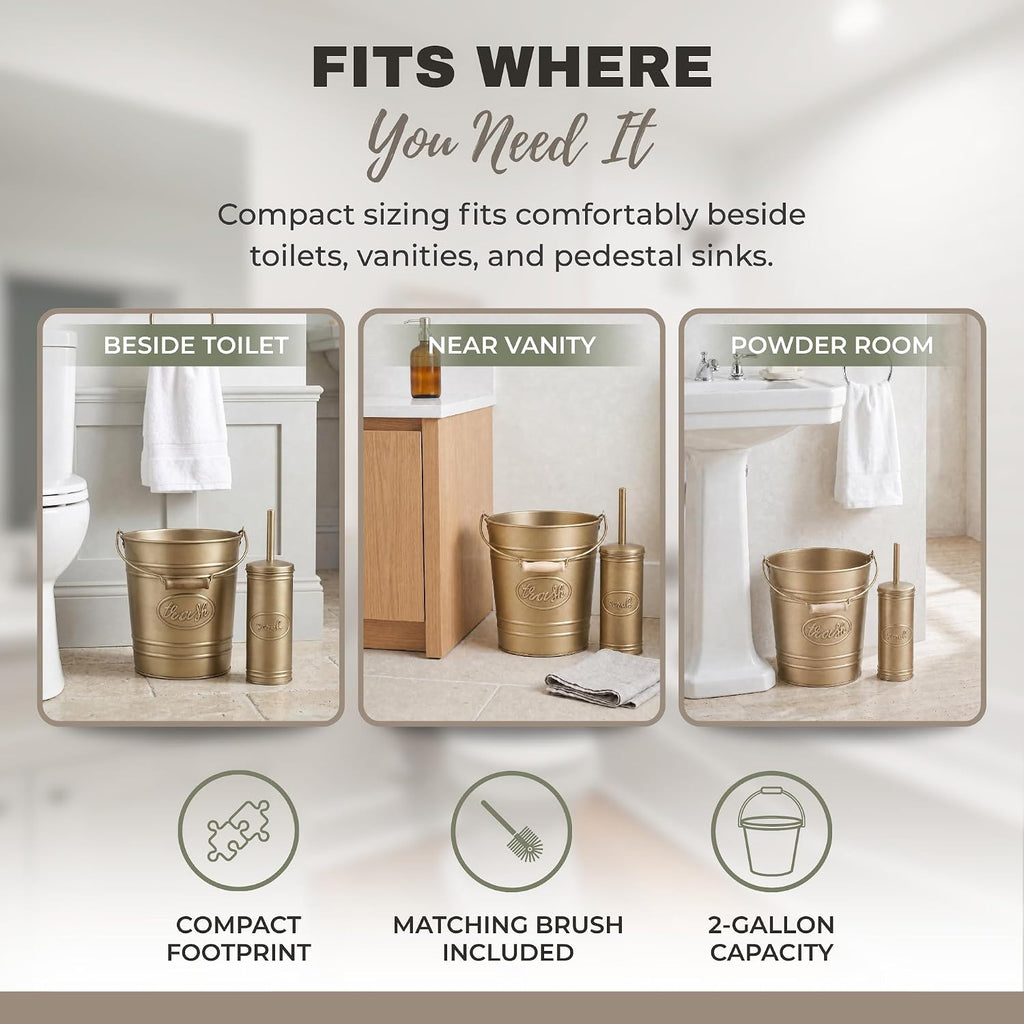 Autumn Alley Rustic Farmhouse Bathroom Trash Can and Toilet Brush Set - Rustic Bathroom Accessories for Charming Bathroom Décor, Antique Gold, 2 Gal. Capacity
