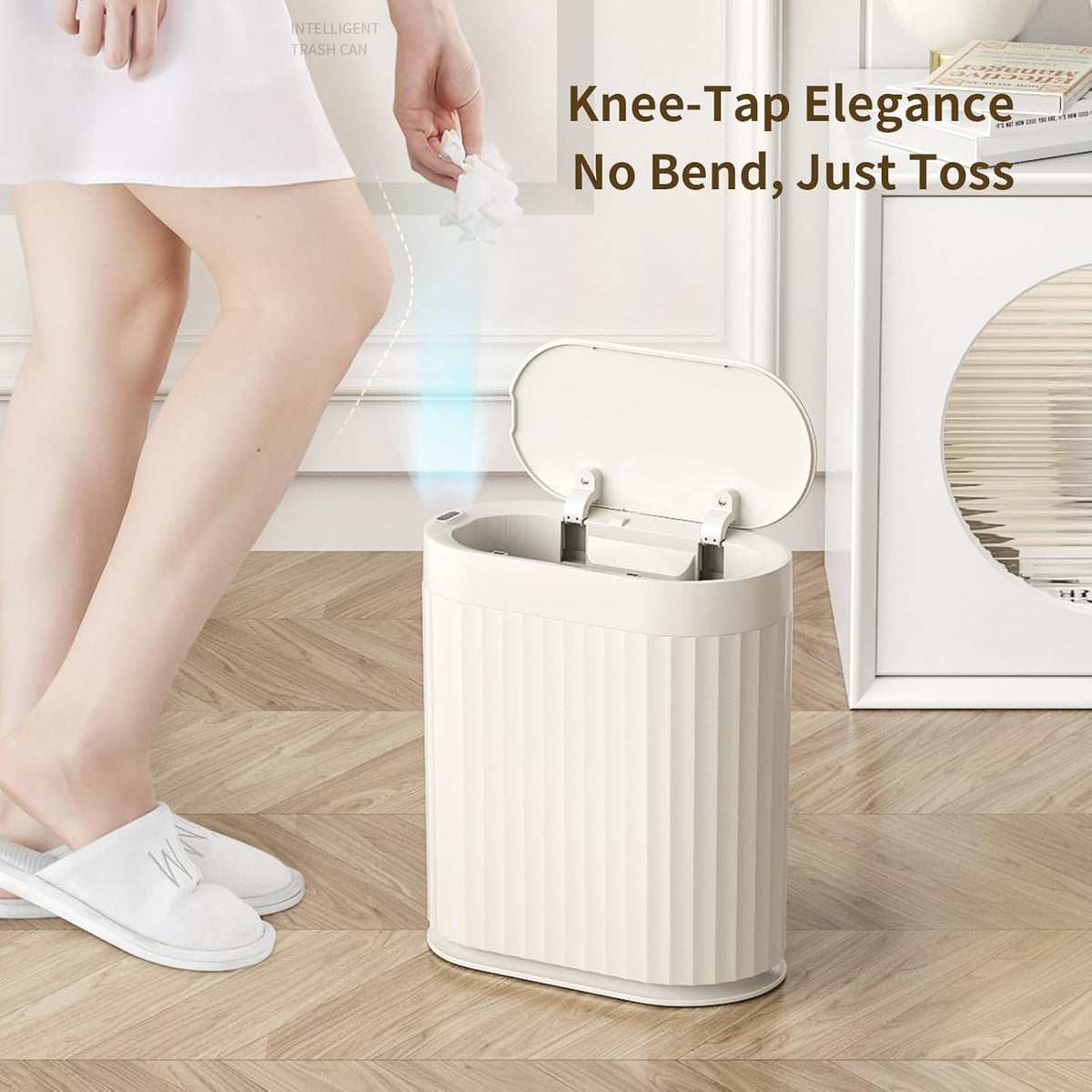 MRBIN Automatic Small Bathroom Trash Can with Lid, Bathroom Garbage Can 2 Gal Motion Sensor Trash Can, Slim Touchless Electric Waste Basket, Cream White