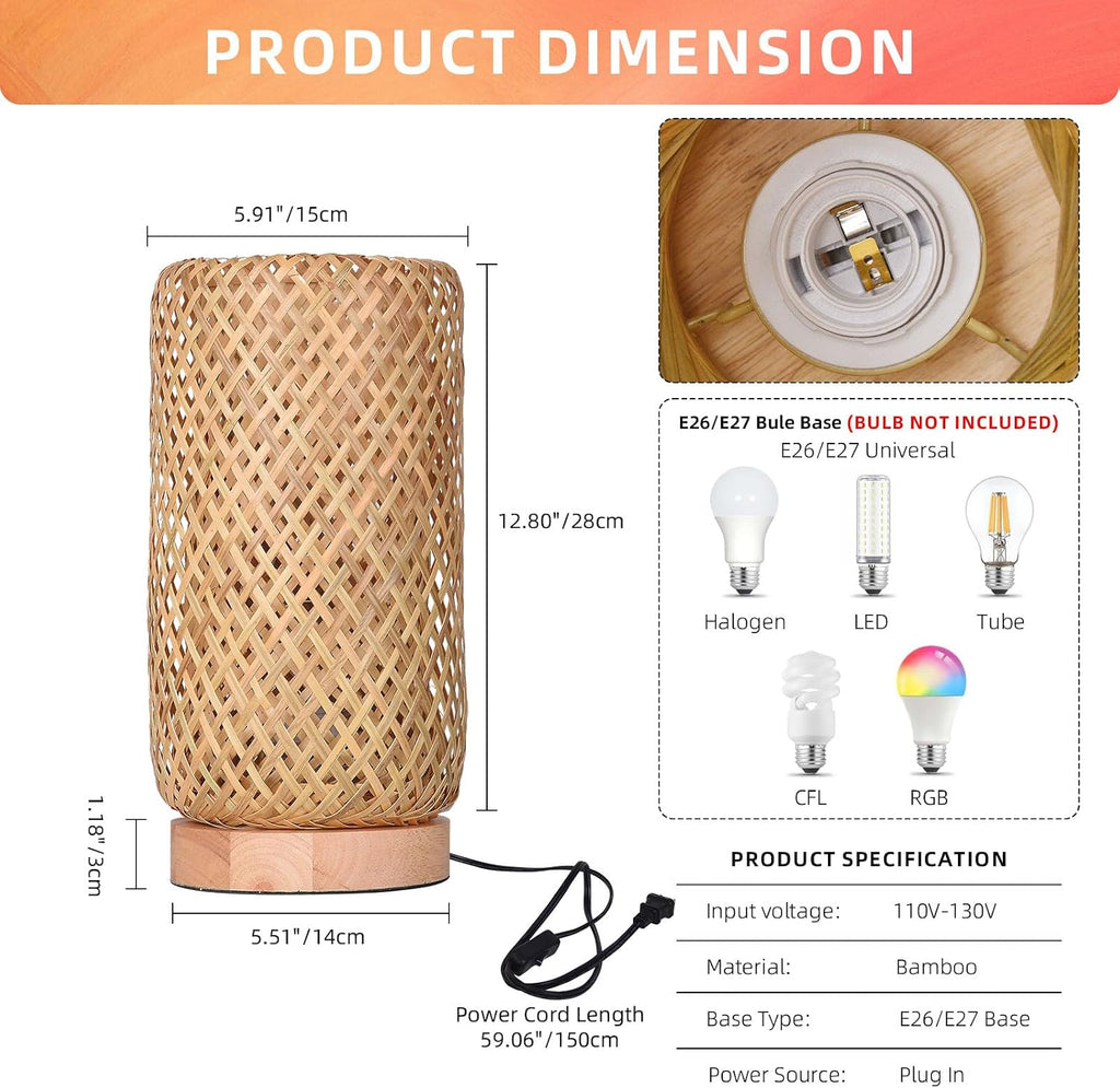 Arturesthome Bamboo Desk Light Woven Boho Beside Lamp Vintage Wicker Wooden Nightstand Lamp for Living Room,Kids Room,Nursery Room Decor