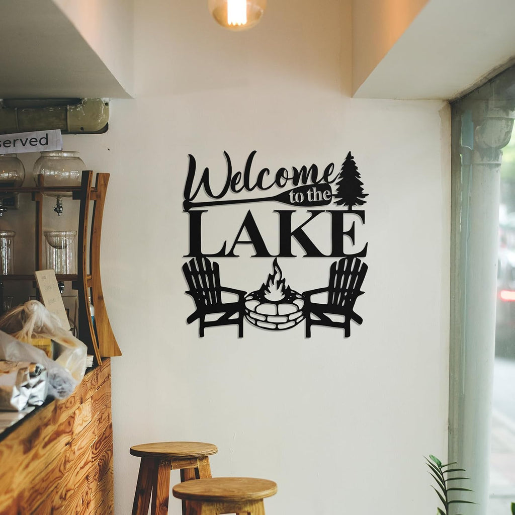 Hnatzu Welcome to The Lake Wall Art,Rustic Lake Life Metal Decor for Cabin or Porch,Vintage Style Housewarming Gift for Lake Home Owners