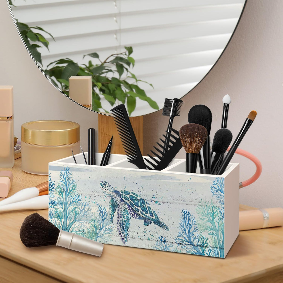 Sea Turtle Coastal Pen Holder for Home Office Desk, Beach Office Decor, Beach Turtle Makeup Brush Toothbrush Holder Organizer for Bathroom Desk Accessories