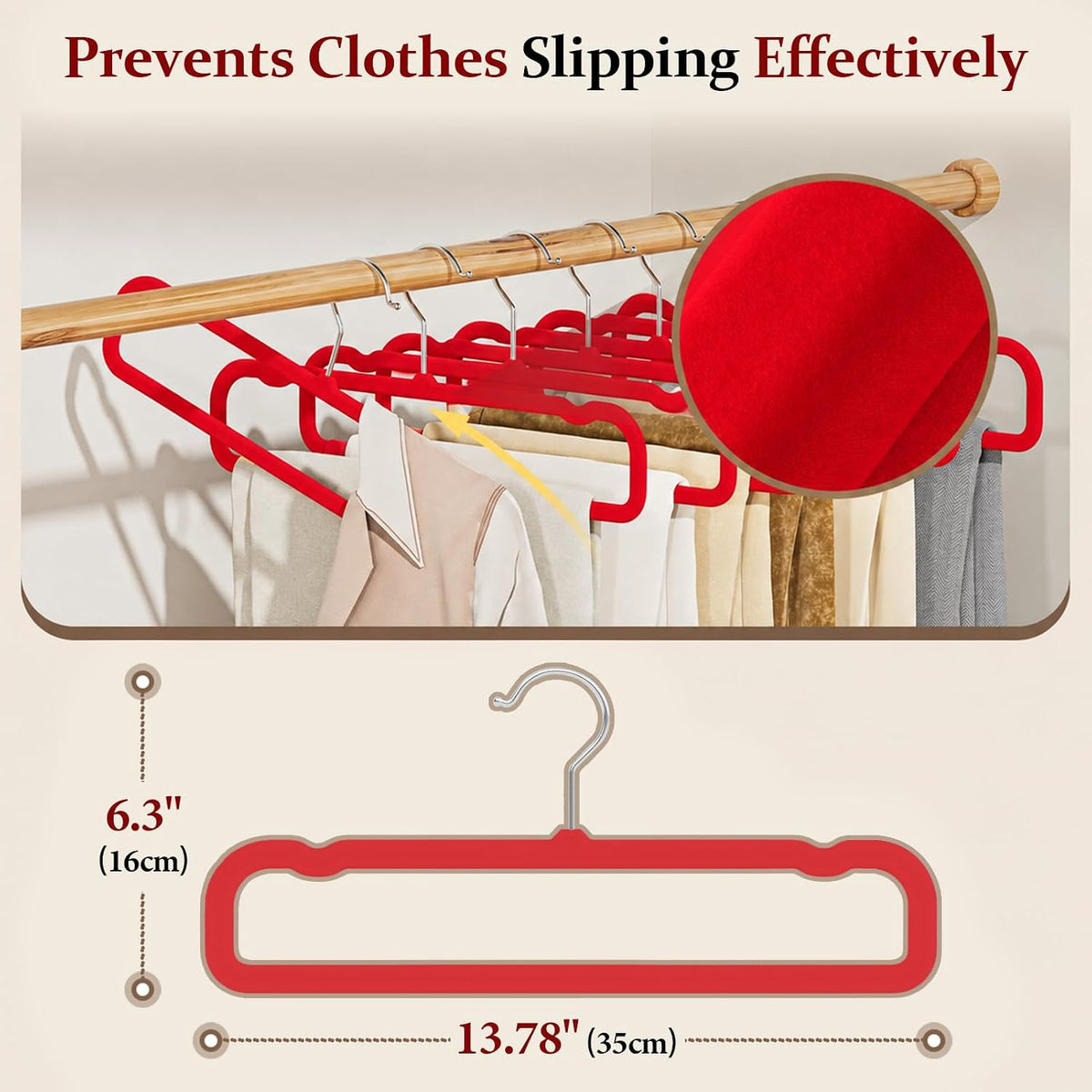 Velvet Felt Pants Hangers 30 Pack, with Cascading Hooks (Red)