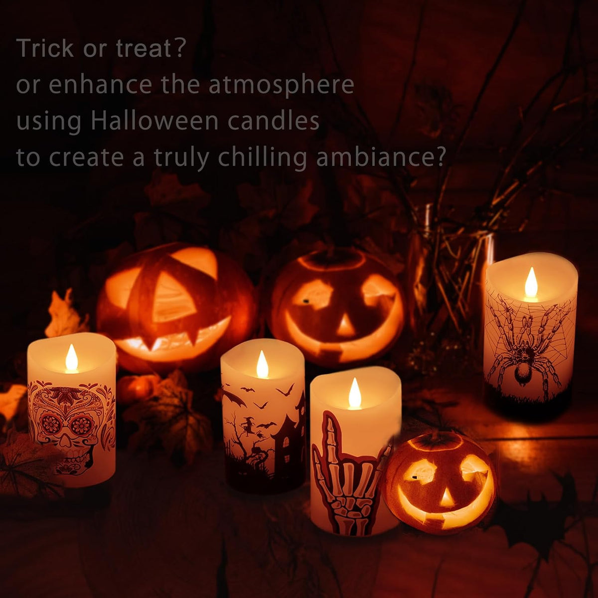 Halloween Flameless LED Candles with Remote Control, 3"x 5"Battery Operated Pillar Real Wax with Timer for Halloween Decorations, Ghost House Candle
