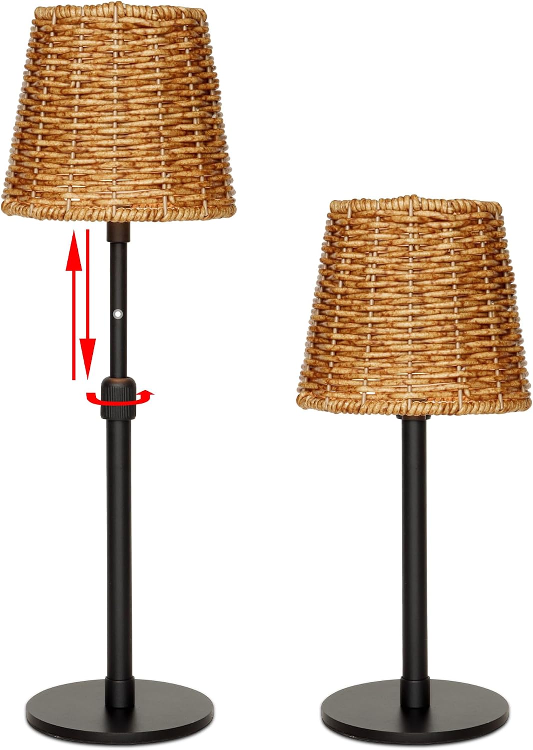 Mr.White Outdoor Waterproof Rechargeable Cordless Table Lamp with Wicker Shade, 5200mAh Battery Operated Table Light with Telescopic Pole, for Patio Restaurant Kitchen (Black 2 Pack)