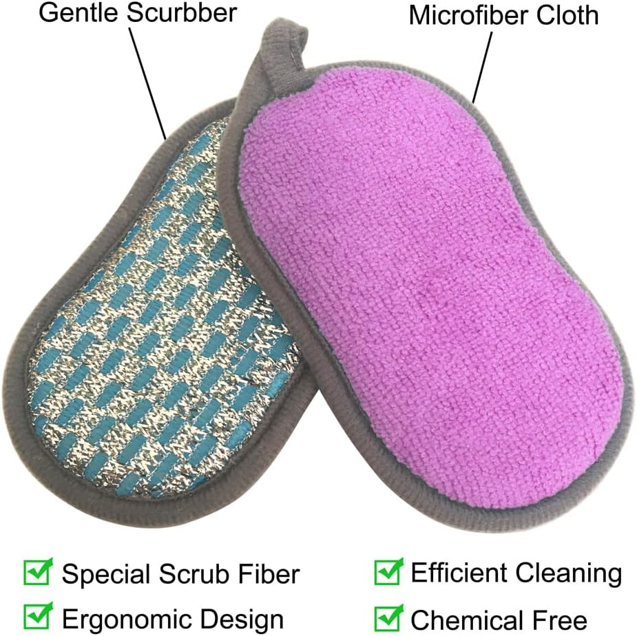 Multi-Purpose Scrub Sponges for Kitchen Scrub-it-Non-Scratch Double-Side Double-Effect Microfiber Sponge Along with Heavy Duty Scouring Power-Effortless Cleaning of Dishes Pots Pans Pack of 6 (Purple)