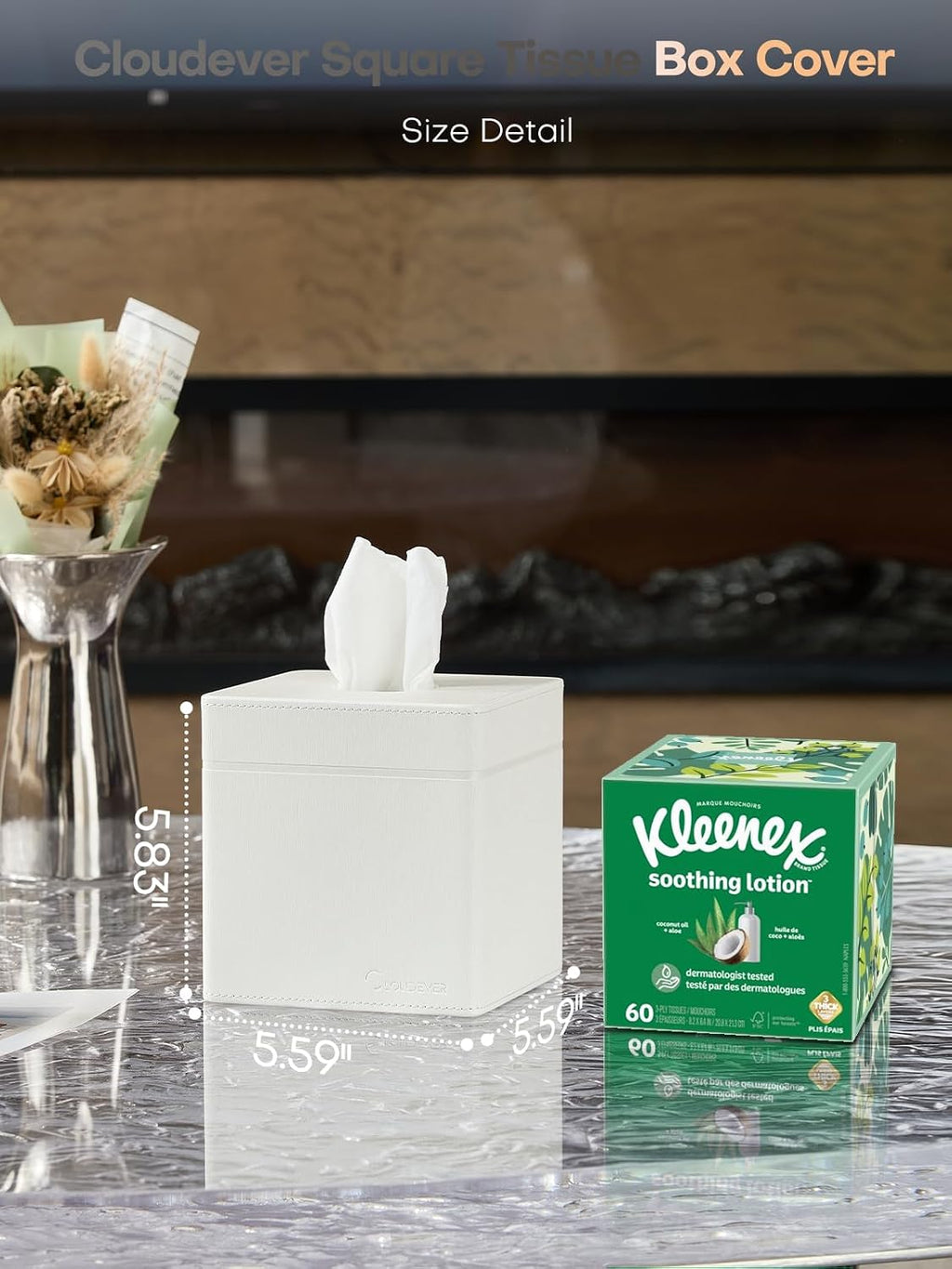 Square Tissue Box Cover Holder Compatible with Kleenex/Puffs Cubes, Patented Metal-Look PU Leather (Polar Ice)
