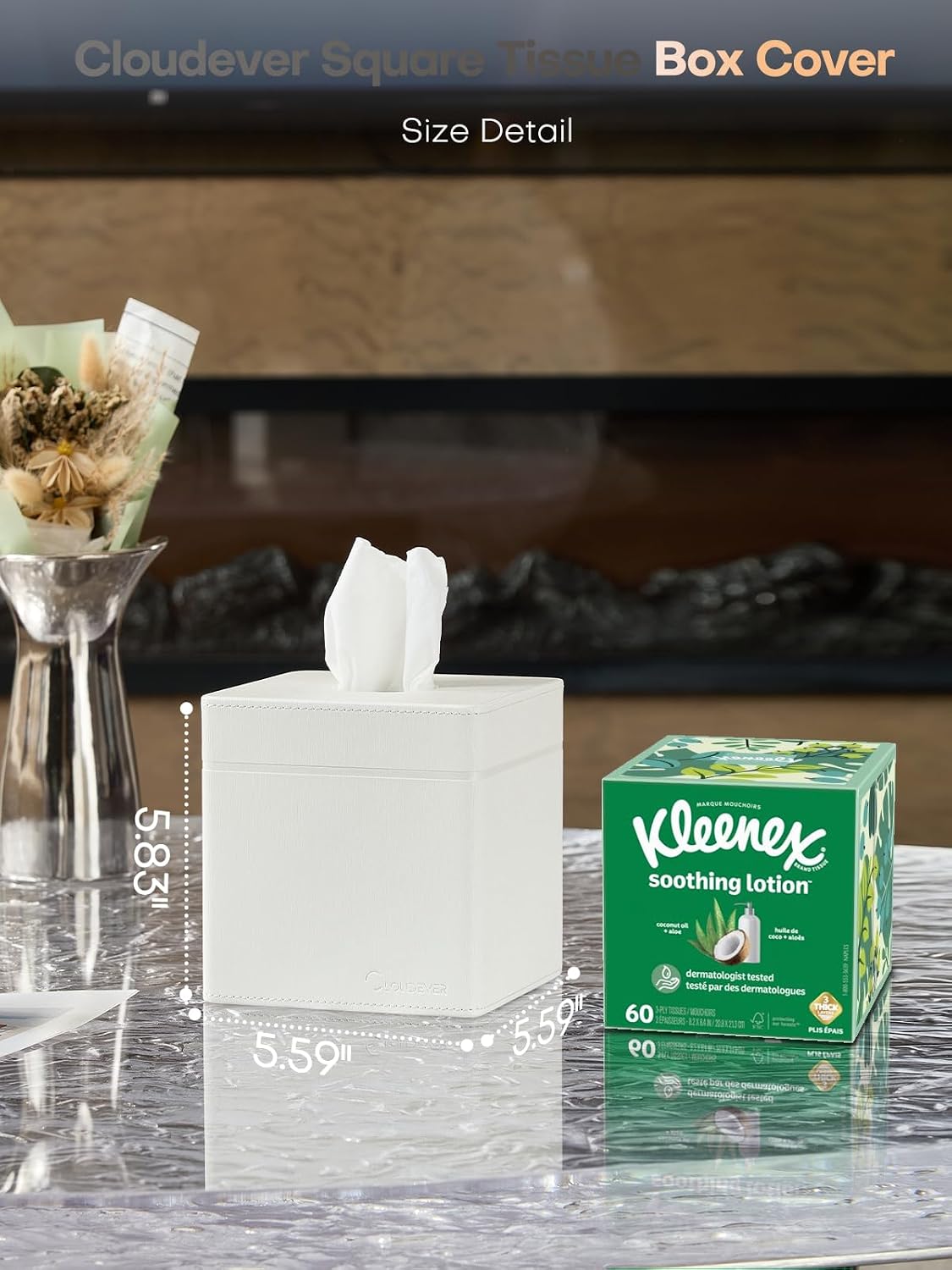 Square Tissue Box Cover Holder Compatible with Kleenex/Puffs Cubes, Patented Metal-Look PU Leather (Polar Ice)