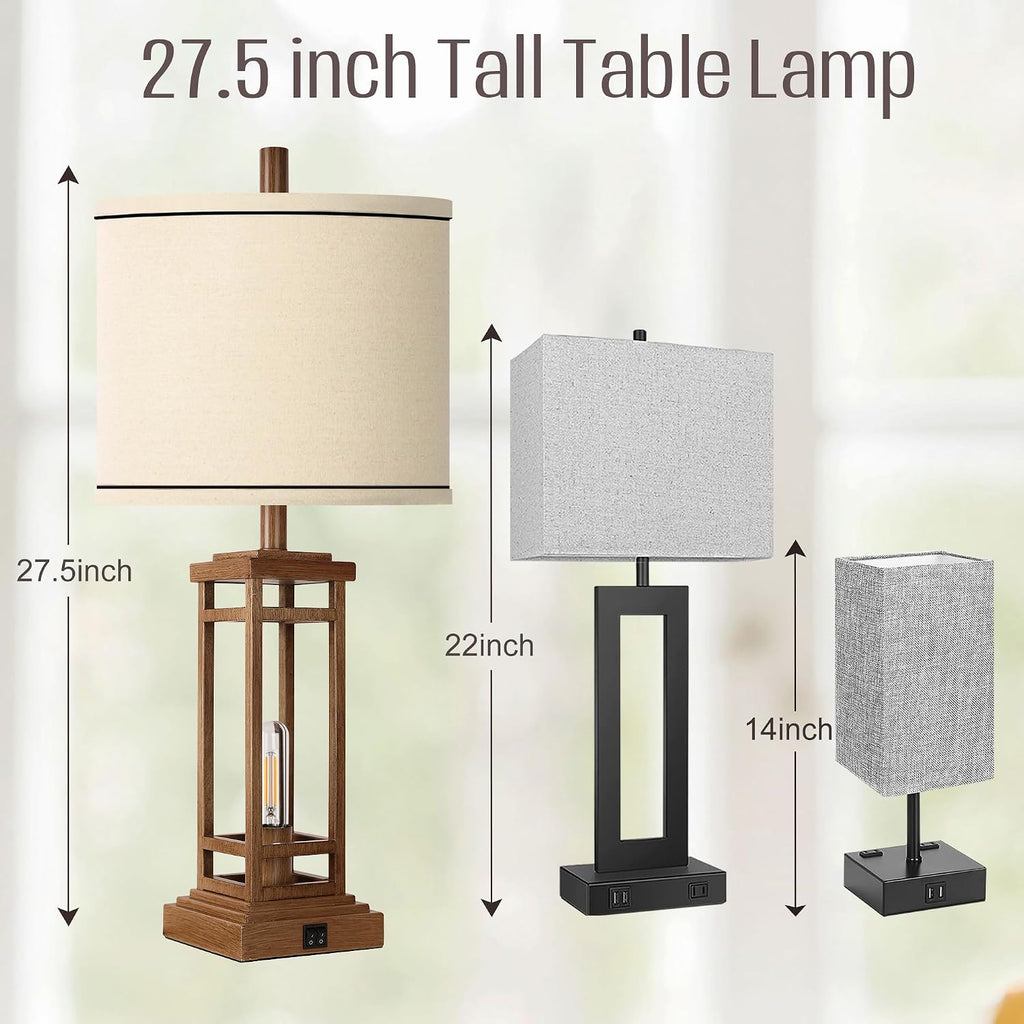 ROTTOGOON 27.5 Tall Farmhouse Table Lamps with USB C + USB A Charge Ports, Rustic Living Room Lamps Set of 2, Black Industrial End Table Lamp for Bedroom Living Room Nightstand (Wood)