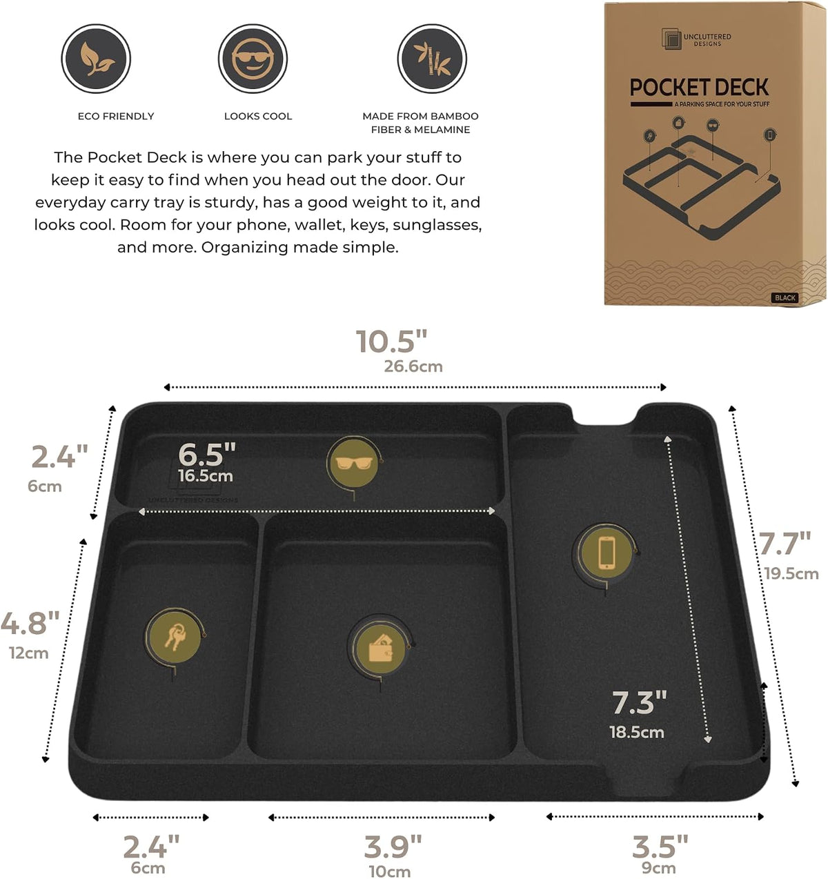Pocket Deck Valet Tray (Black) for Men. Everyday Carry EDC Caddy Bamboo Organizer. Perfect for Night Stand, Bedside, Dresser, Desk, Office, Bedroom. with Phone Charger. Storage Slots for Wallet, Keys