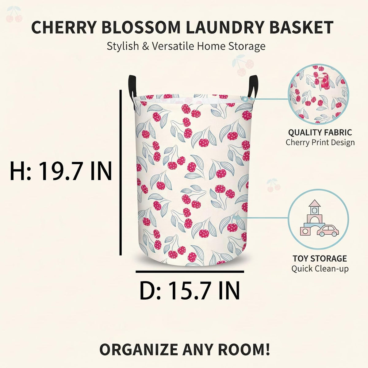 Cute Girls Baby Laundry Basket Kids Clothes Gift Hamper Nursery Cherry Room Decor (Blue Leaf Dot Cherries)