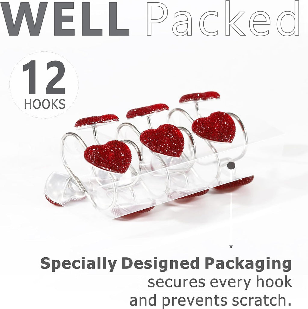Red Bling Shower Curtain Hooks: Cute Heart Bathroom Curtain Rings, 12Pcs