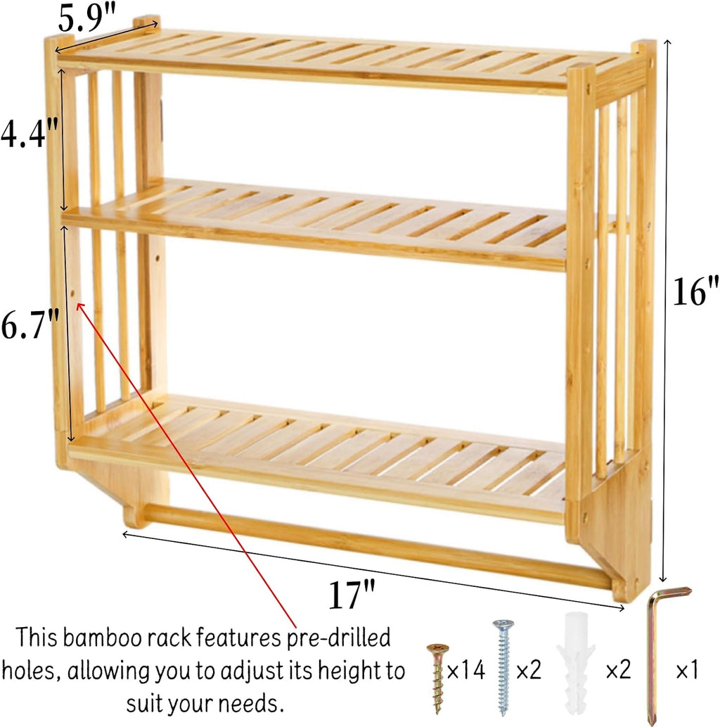 Goaste Bamboo Over The Toilet Storage Shelf, 3-Tier Wall Mounted Bamboo Rack Organizer, Floating Rack with Hanging Rod, Free Standing Shower Shelf with Adjustable Layer for Kitchen, Bathroom, Home
