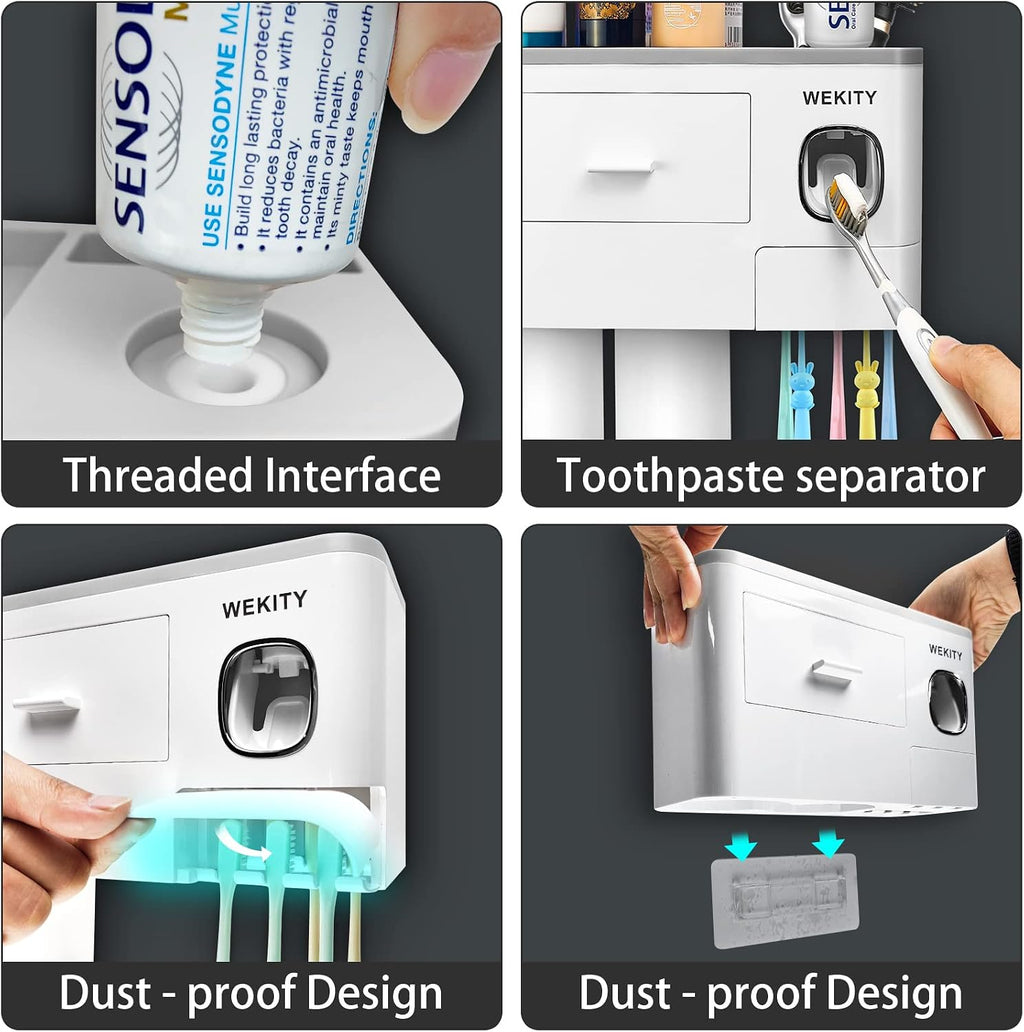 Wekity Multifunctional Wall-Mounted Toothbrush Holder, Automatic Toothpaste Dispenser Space Saving Toothbrush and Toothpaste Holder, with 2 Cups and Drawers Cosmetic Organizer(Grey)