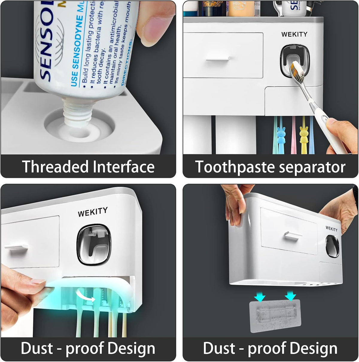 Wekity Multifunctional Wall-Mounted Toothbrush Holder, Automatic Toothpaste Dispenser Space Saving Toothbrush and Toothpaste Holder, with 2 Cups and Drawers Cosmetic Organizer(Grey)