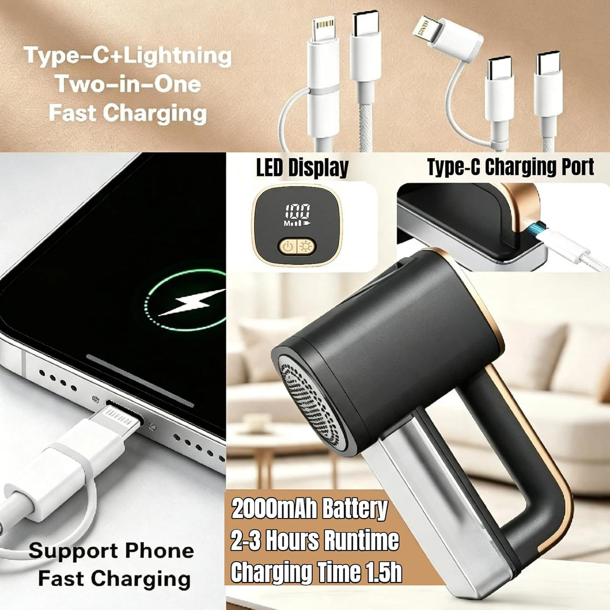 Rechargeable Fabric Shaver for Clothing Furniture Lint Remover with Light