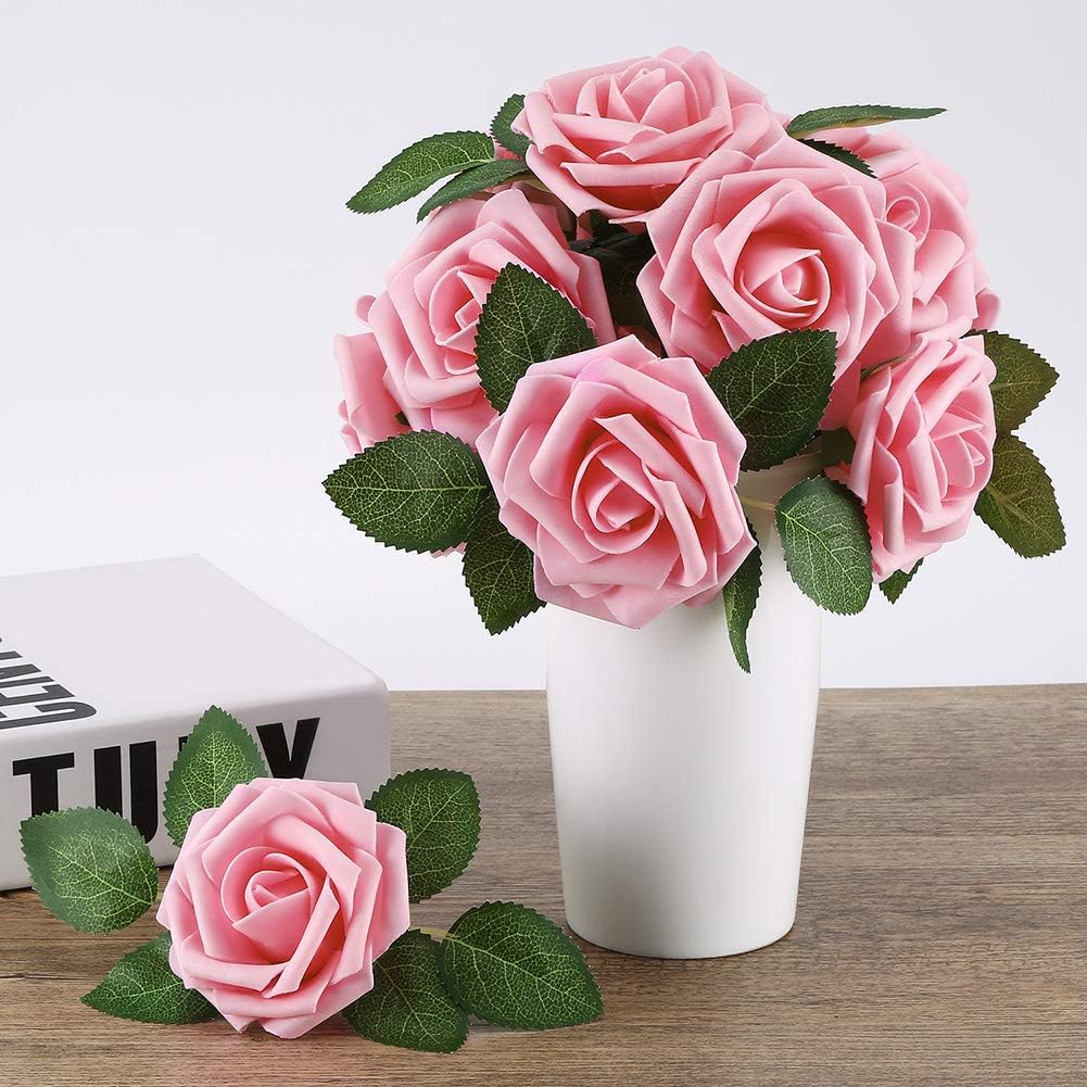 Higfra Artificial Flowers 25pcs Real Looking Pink Foam Fake Roses with Stems for DIY Wedding Bouquets White Bridal Shower Centerpieces Arrangements Mothers Day Party Tables Decorations